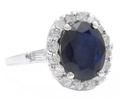 4.85 Ct Exquisite Natural Blue Sapphire and Diamond 14K Solid White Gold Ring