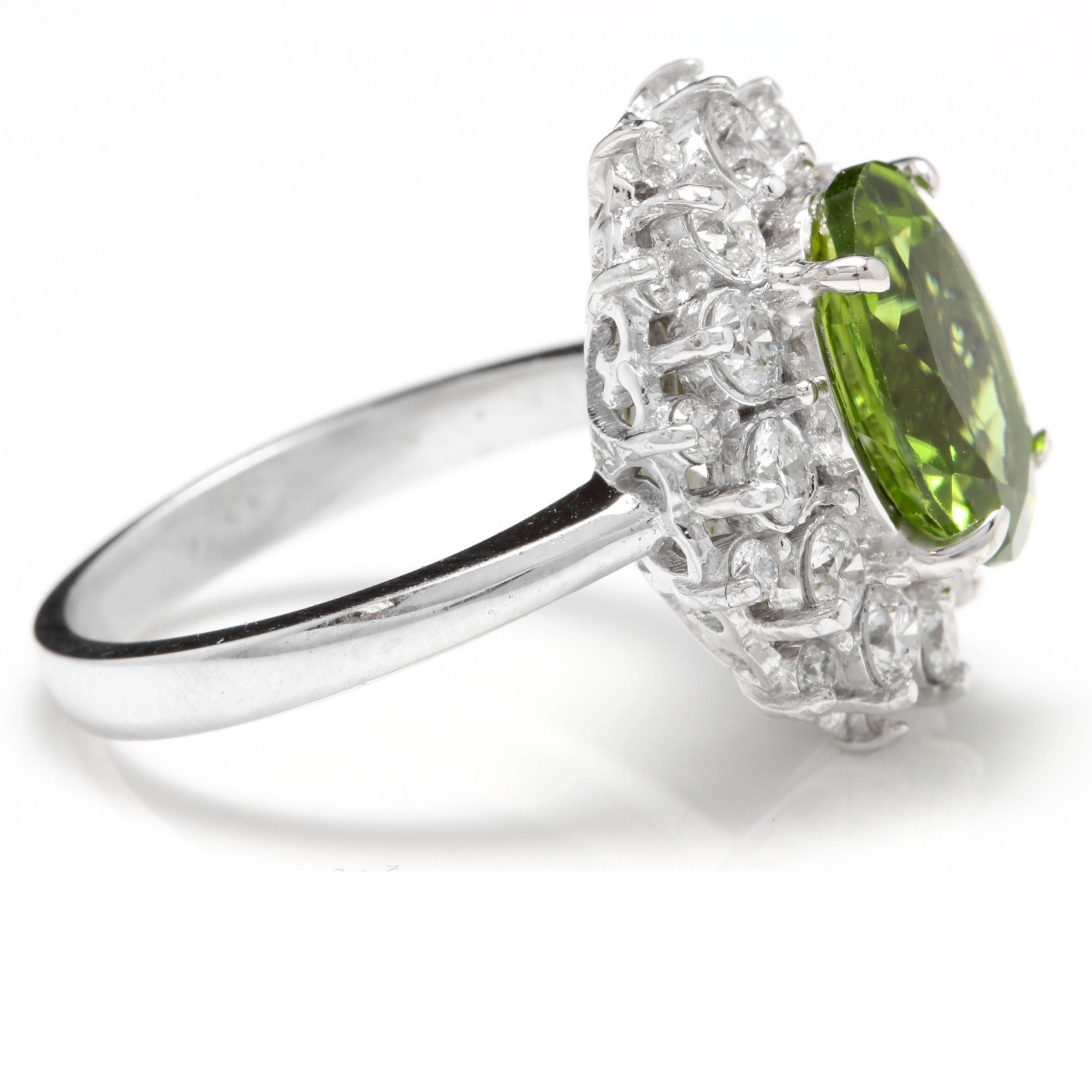 Mixed Cut 4.85 Ct Natural Very Nice Looking Peridot and Diamond 14K Solid White Gold Ring For Sale