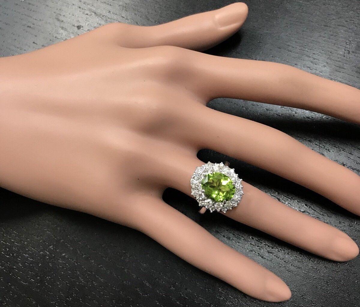 4.85 Ct Natural Very Nice Looking Peridot and Diamond 14K Solid White Gold Ring For Sale 1
