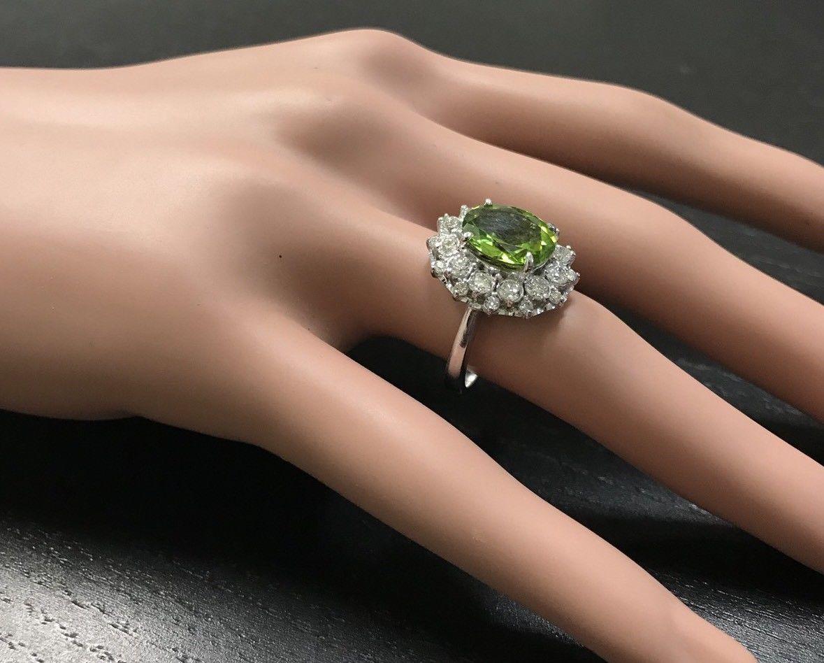 4.85 Ct Natural Very Nice Looking Peridot and Diamond 14K Solid White Gold Ring For Sale 2