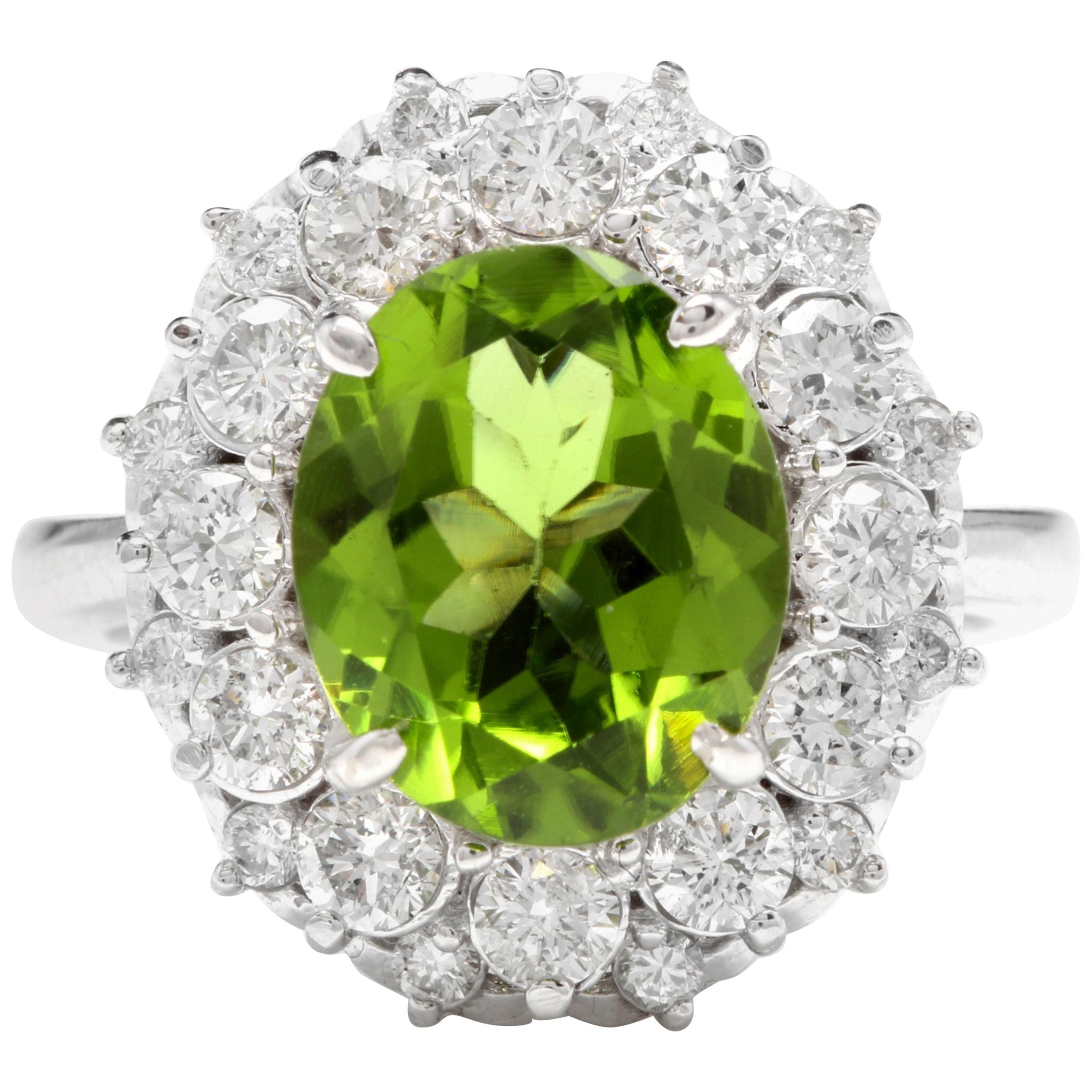 4.85 Ct Natural Very Nice Looking Peridot and Diamond 14K Solid White Gold Ring