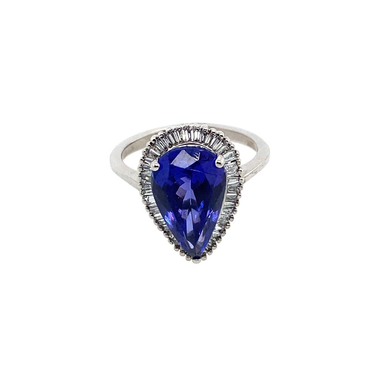 This magnificent ring is a perfect combination of elegance, luxury and simplicity. The pear shape Tanzanite at the centre is surrounded by  44 sparkling baguette Diamonds in very unique Platinum design.

Additional Information:
Total Diamond Weight:
