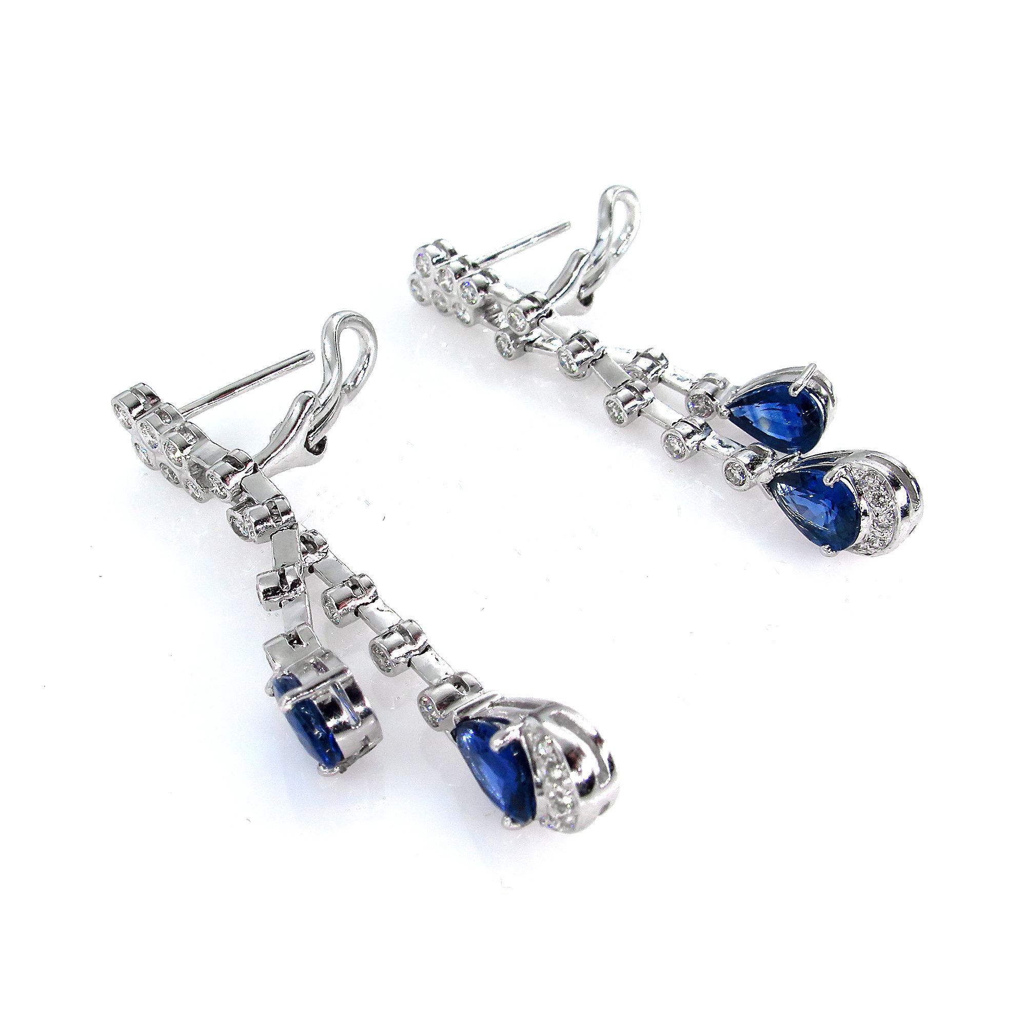 Pear Cut 4.85ct Round Diamond and Pear Blue Sapphire Drop Dangling White Gold Earrings