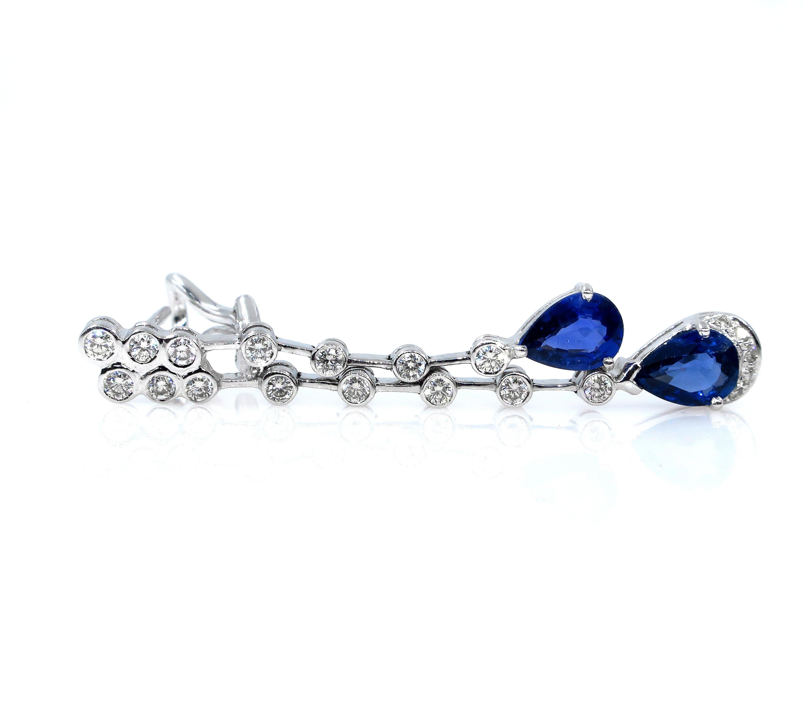 4.85ct Round Diamond and Pear Blue Sapphire Drop Dangling White Gold Earrings In Good Condition In New York, NY