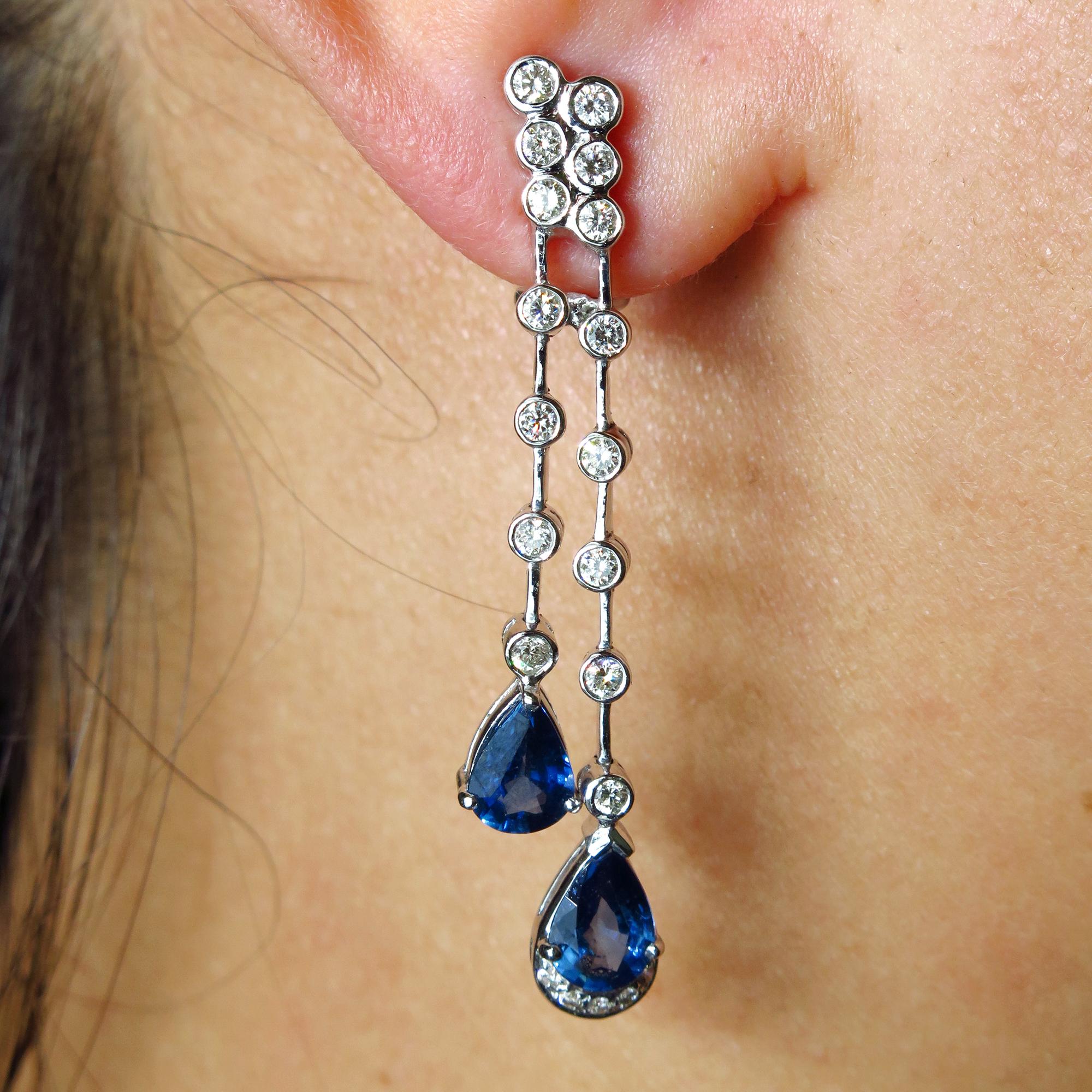 Women's 4.85ct Round Diamond and Pear Blue Sapphire Drop Dangling White Gold Earrings