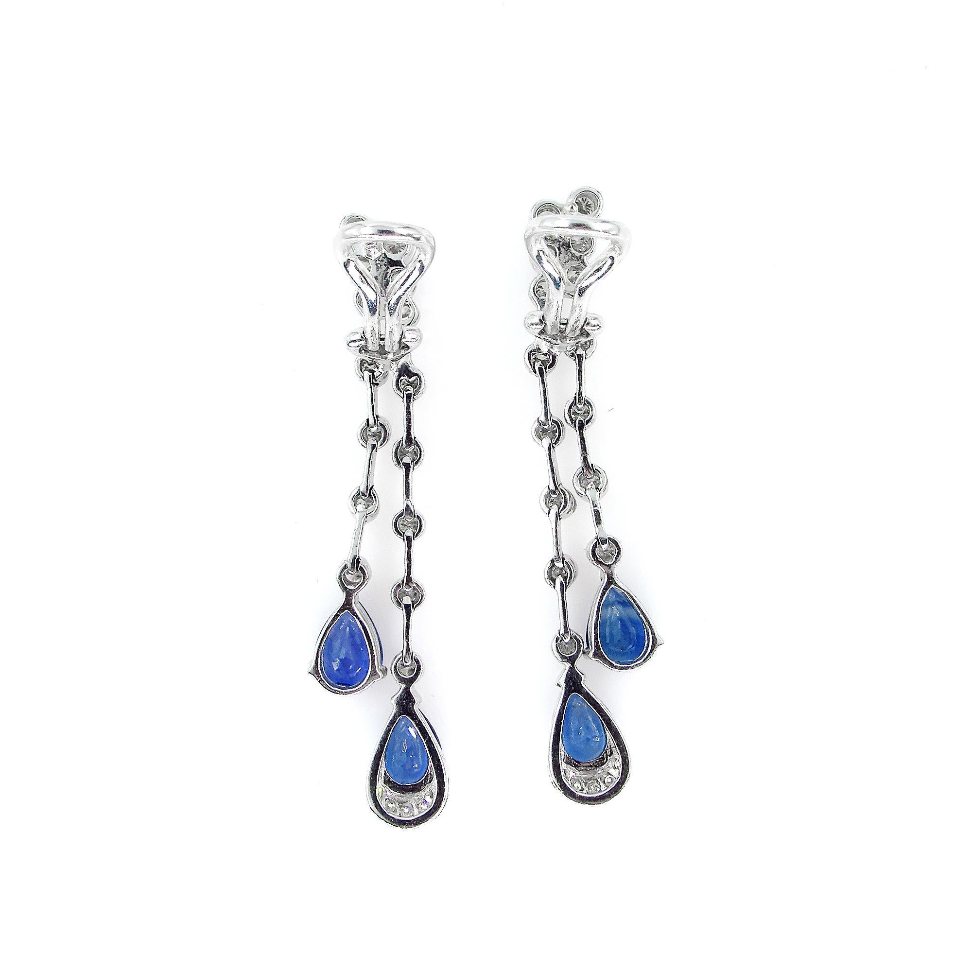 4.85ct Round Diamond and Pear Blue Sapphire Drop Dangling White Gold Earrings 2