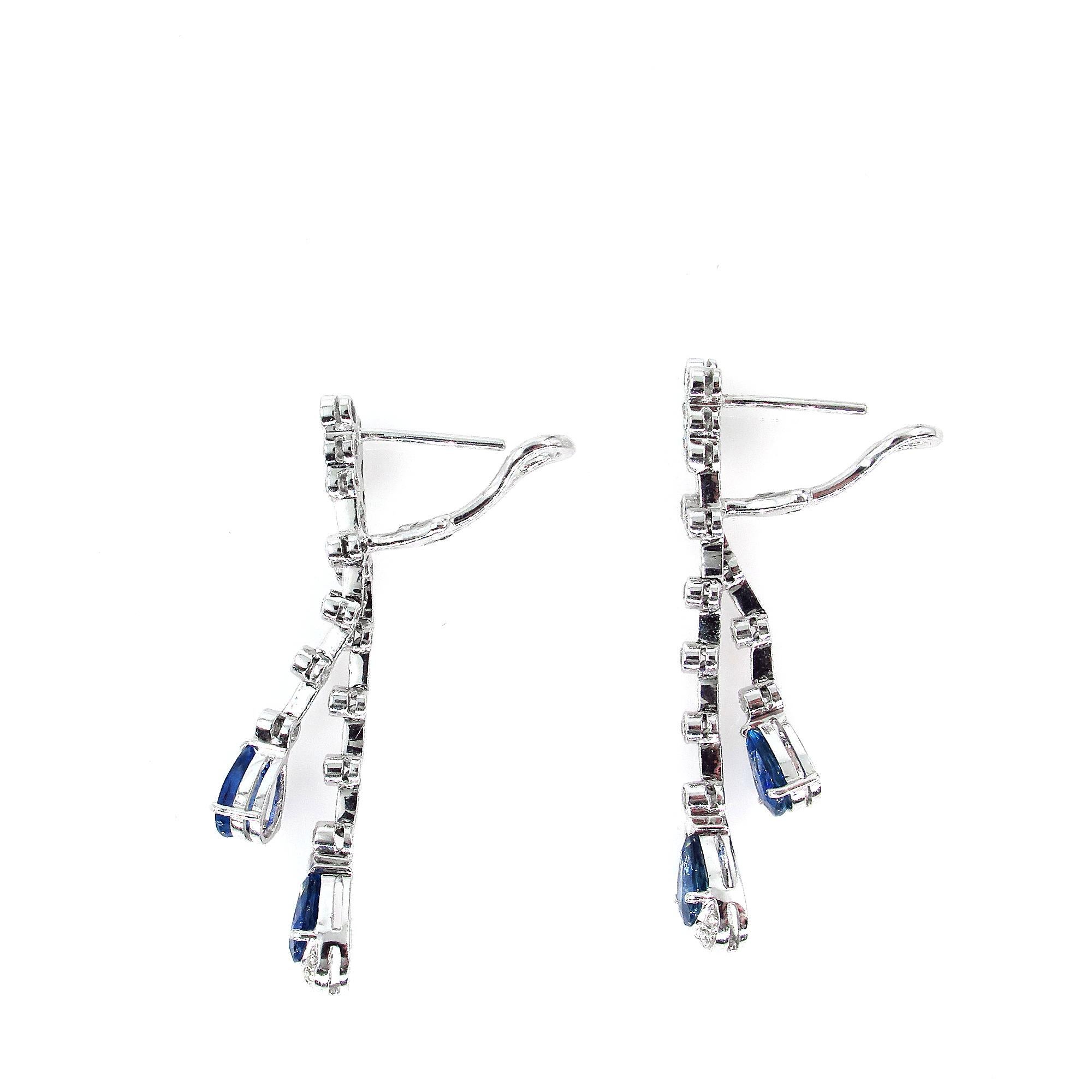 4.85ct Round Diamond and Pear Blue Sapphire Drop Dangling White Gold Earrings 3