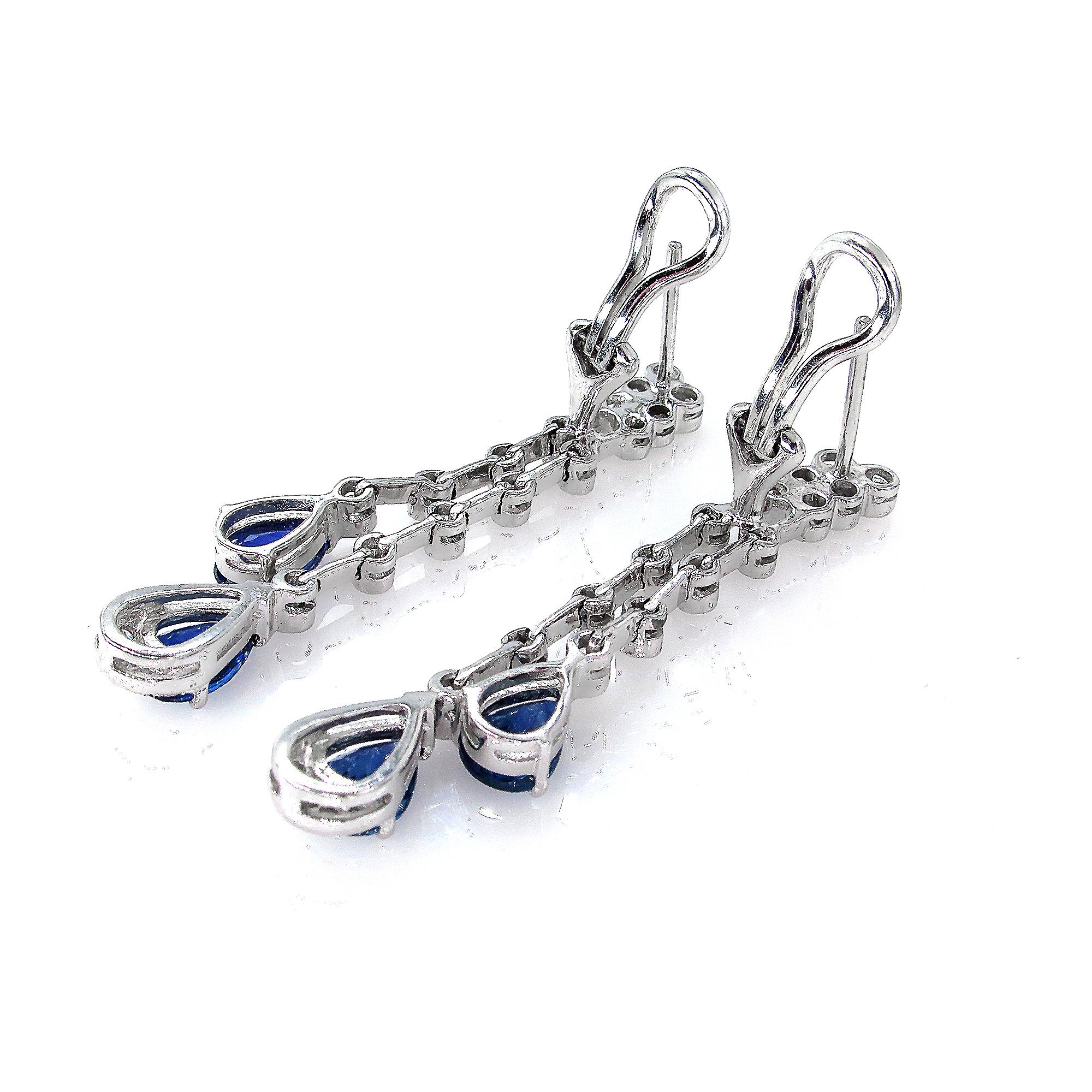 4.85ct Round Diamond and Pear Blue Sapphire Drop Dangling White Gold Earrings 4