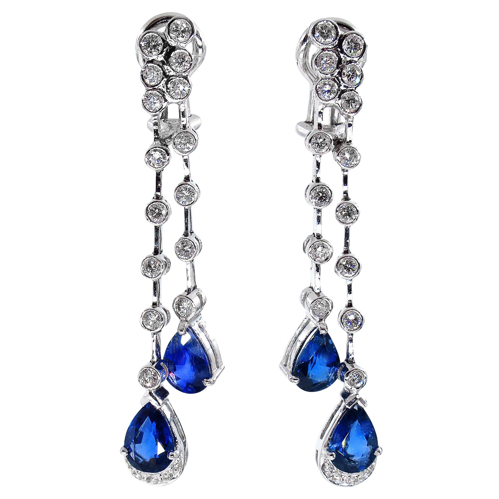 4.85ct Round Diamond and Pear Blue Sapphire Drop Dangling White Gold Earrings