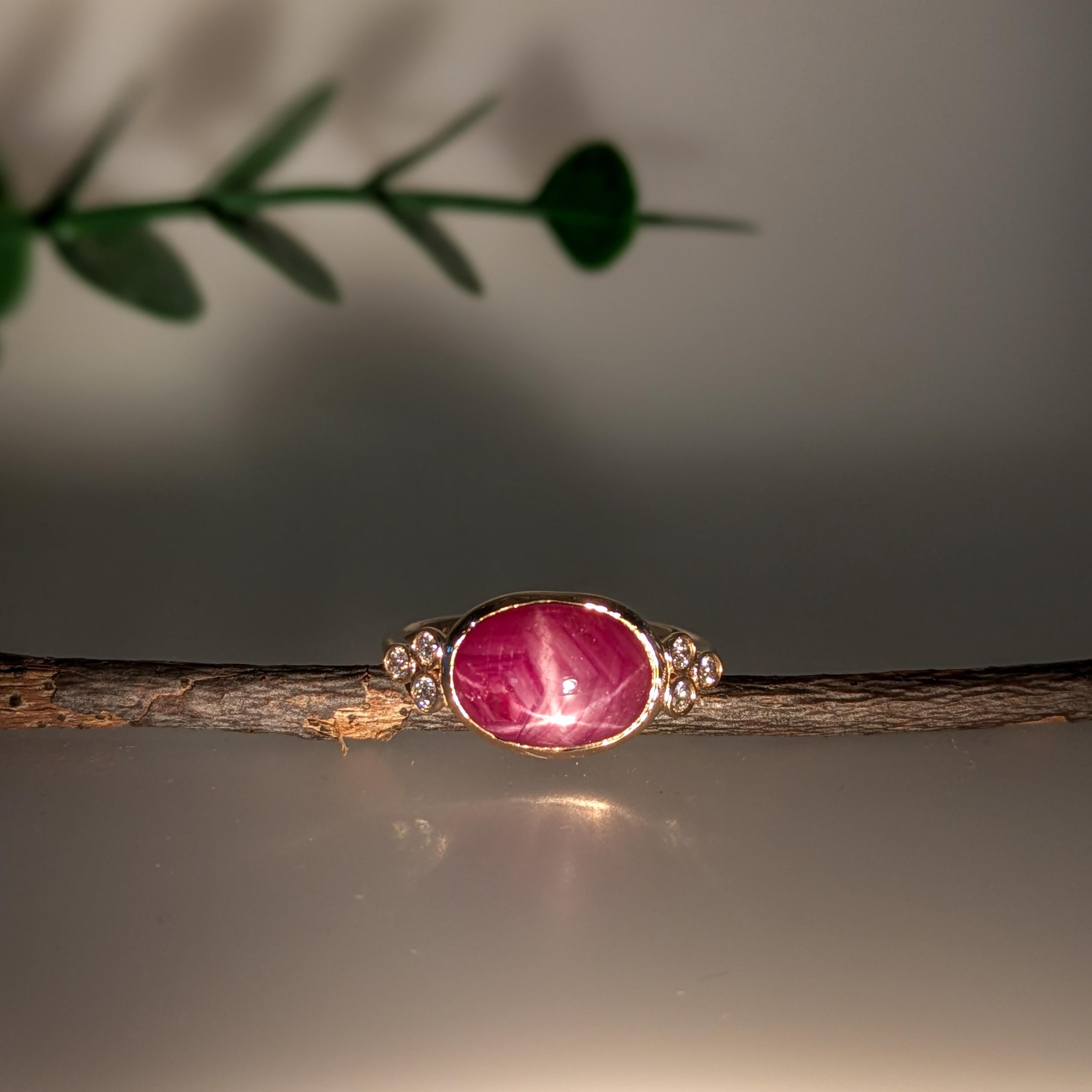 Art Deco 4.85ct Star Ruby Ring w Diamond Accents in Solid 14K Yellow Gold  OV 11.5x8.5mm