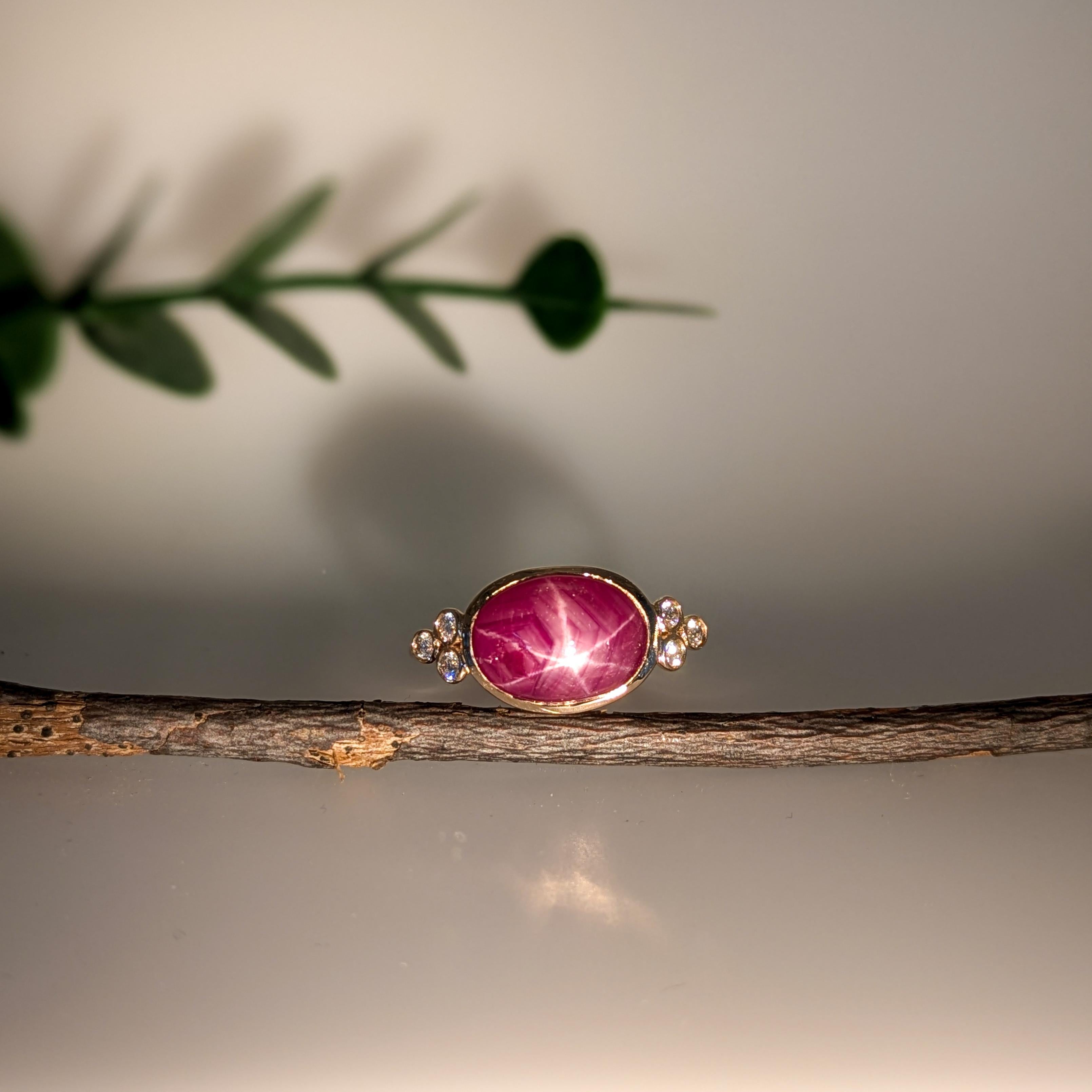 Oval Cut 4.85ct Star Ruby Ring w Diamond Accents in Solid 14K Yellow Gold  OV 11.5x8.5mm
