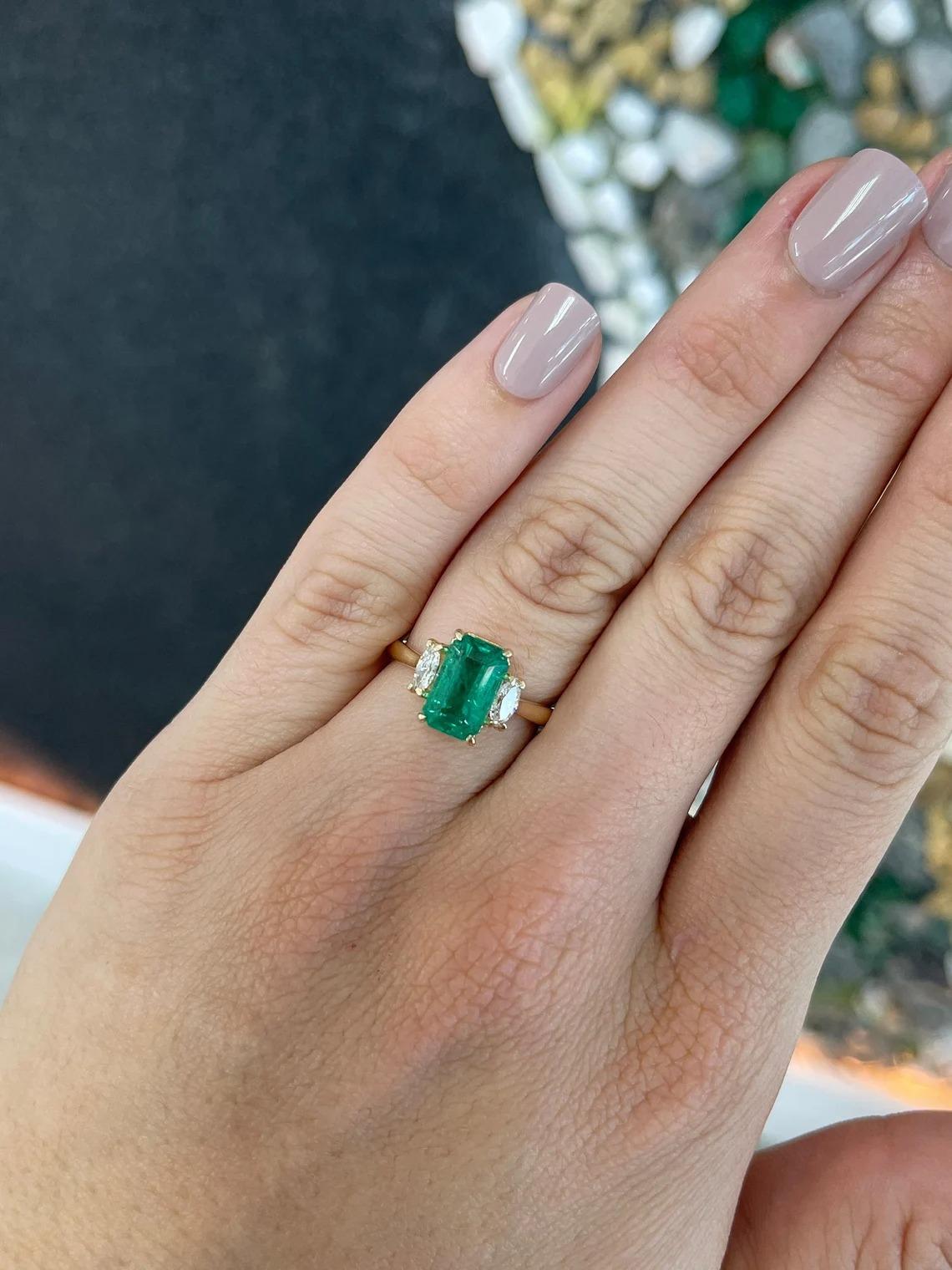 Modern 4.85tcw 14K Emerald Cut Emerald & Marquise Cut Diamond 3 Stone Engagement Ring For Sale