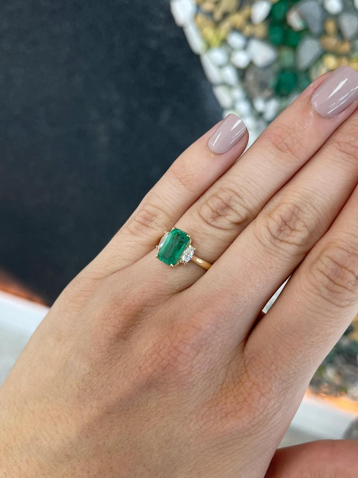 4.85tcw 14K Emerald Cut Emerald & Marquise Cut Diamond 3 Stone Engagement Ring In New Condition For Sale In Jupiter, FL