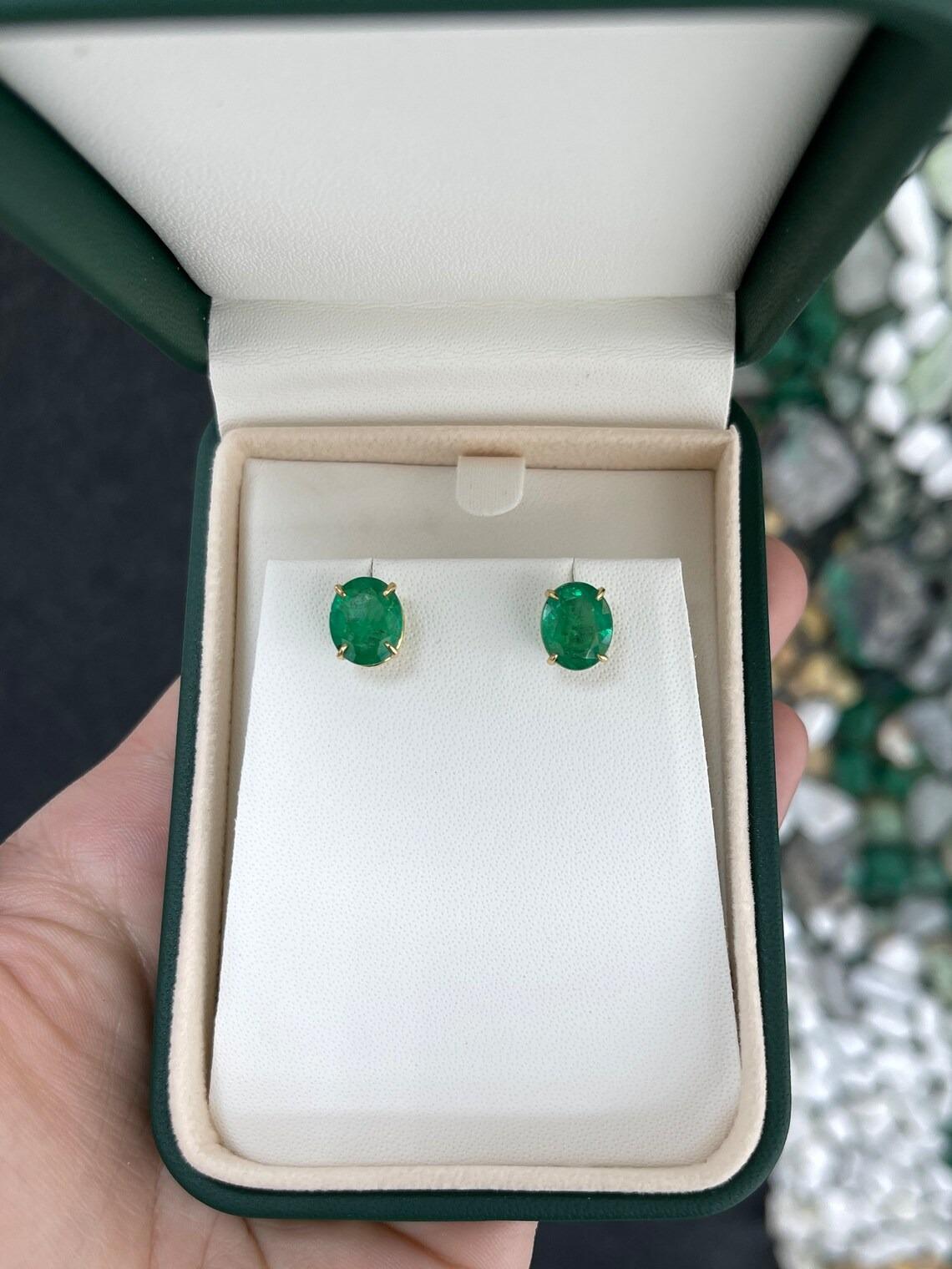 Women's 4.85tcw 18K Fine Vivid Dark Green Oval Cut Emerald Stud Gold Prong Set Earring For Sale
