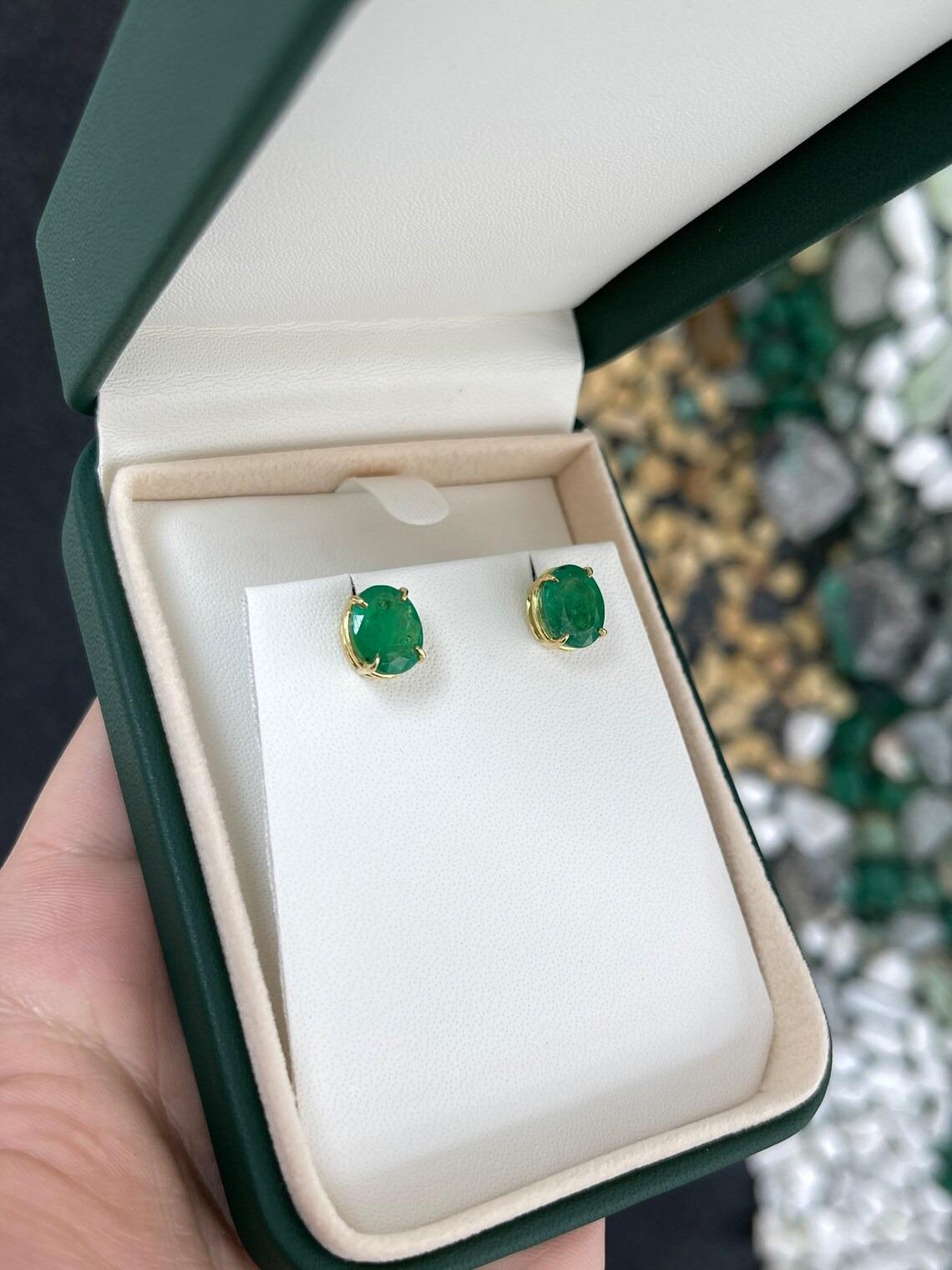4.85tcw 18K Fine Vivid Dark Green Oval Cut Emerald Stud Gold Prong Set Earring For Sale 1