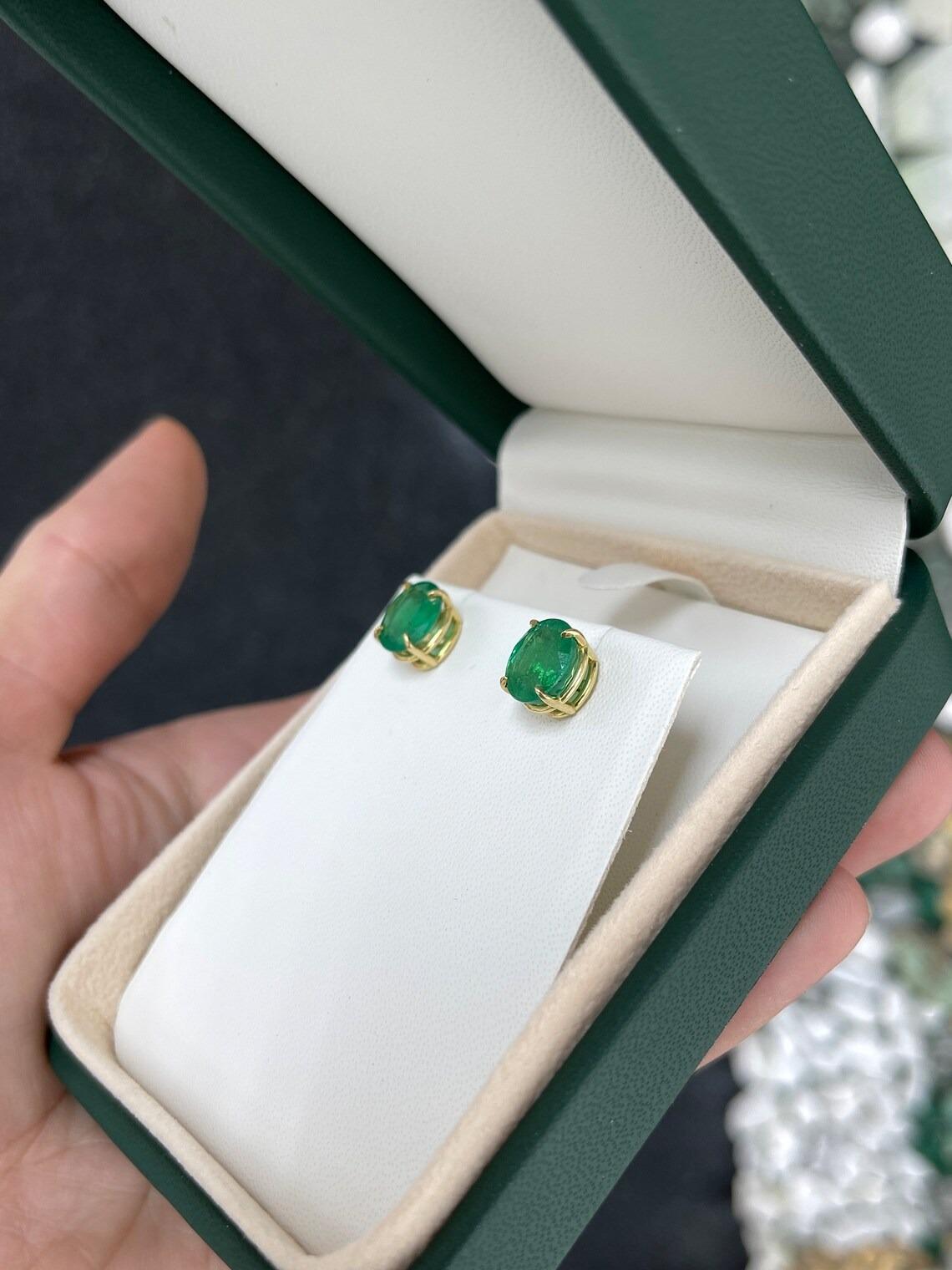 4.85tcw 18K Fine Vivid Dark Green Oval Cut Emerald Stud Gold Prong Set Earring For Sale 2