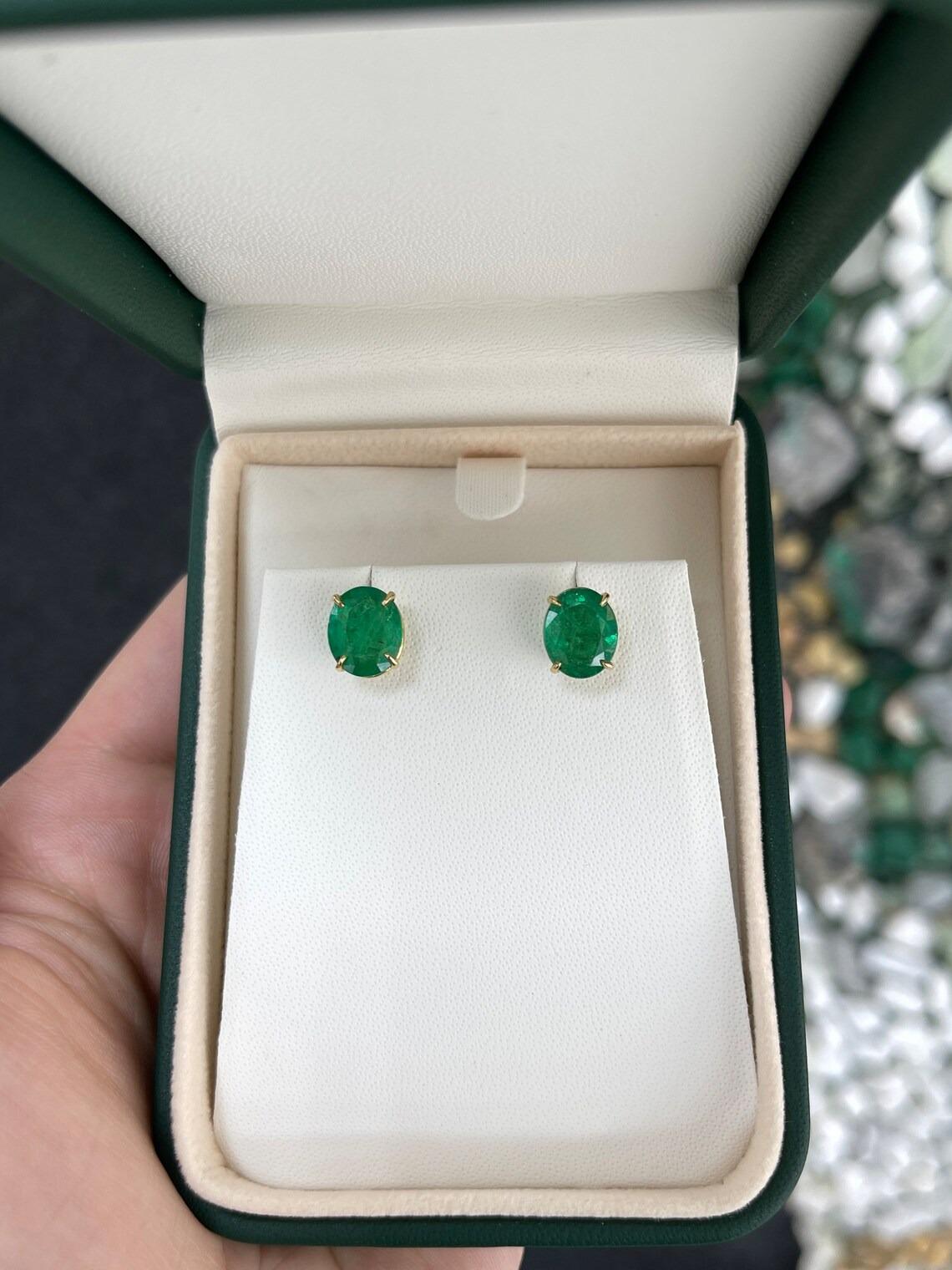 4.85tcw 18K Fine Vivid Dark Green Oval Cut Emerald Stud Gold Prong Set Earring For Sale 3