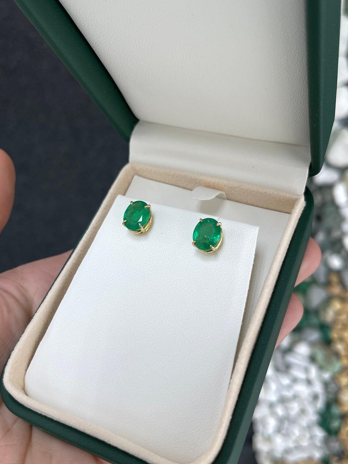 4.85tcw 18K Fine Vivid Dark Green Oval Cut Emerald Stud Gold Prong Set Earring For Sale 4