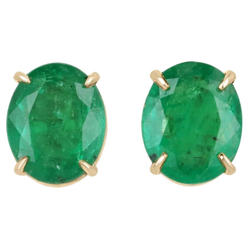 4.85tcw 18K Fine Vivid Dark Green Oval Cut Emerald Stud Gold Prong Set Earring For Sale