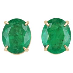 4.85tcw 18K Fine Vivid Dark Green Oval Cut Emerald Stud Gold Prong Set Earring