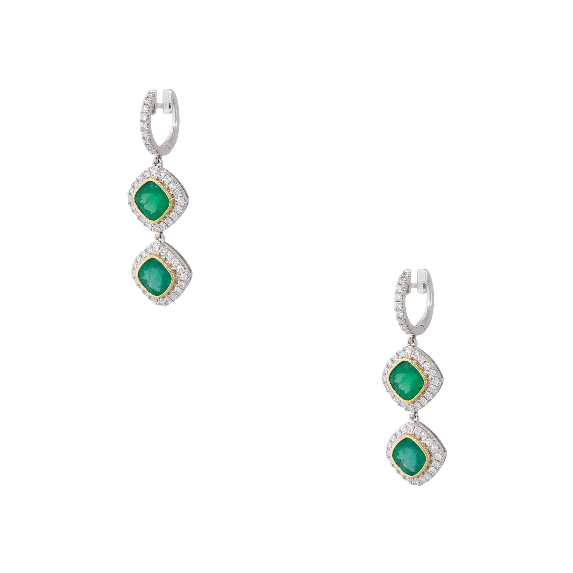 18k White and Yellow Gold 4.86ctw Emerald and Diamond Drop Earrings

Material: 18k White Gold and 18k Yellow Gold
Gemstone Details: Approximately 4.86ctw of Emeralds. There are 4 Emeralds total
Diamond Details: Approximately 1.20ctw of Round