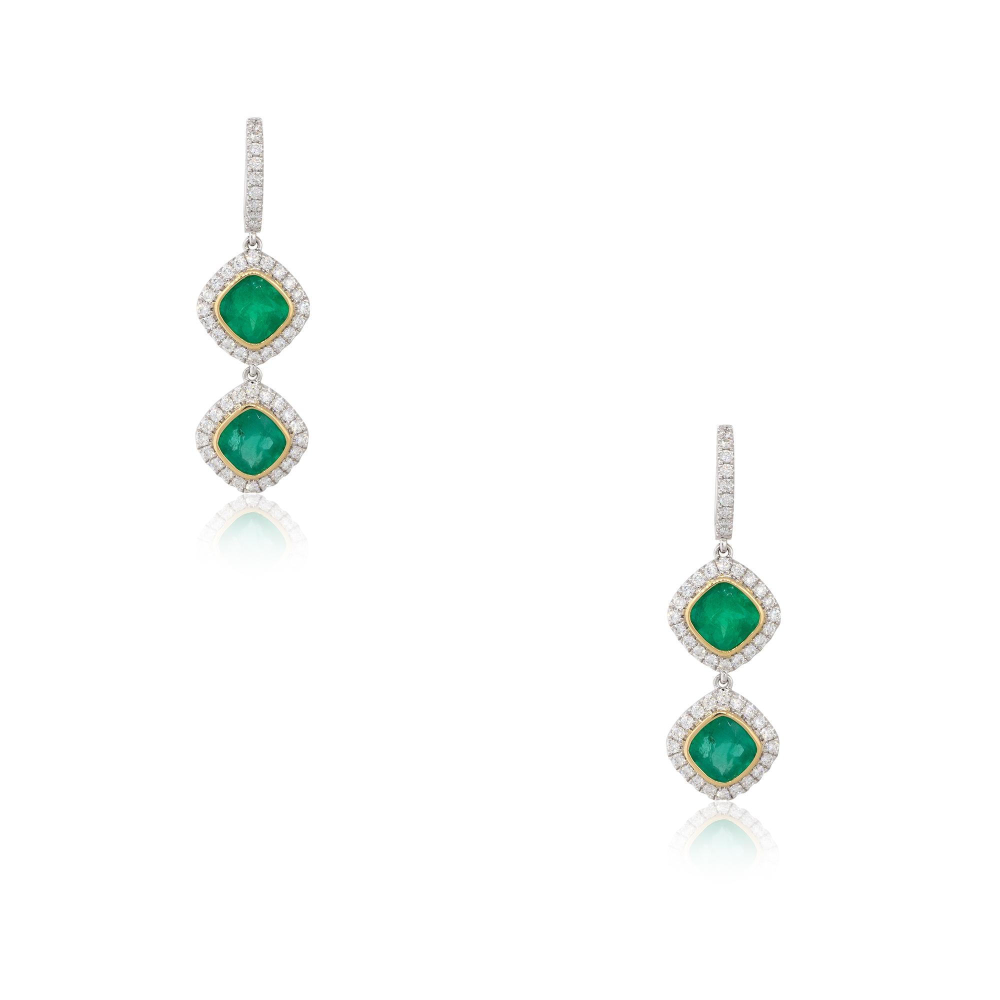 Round Cut 4.86 Carat Emerald and Diamond Drop Earrings 18 Karat in Stock For Sale