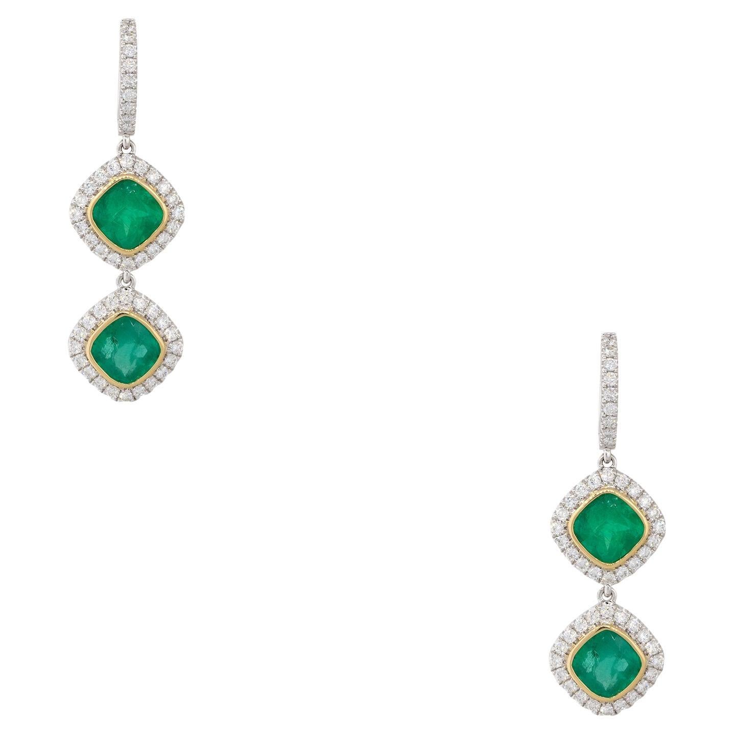 4.86 Carat Emerald and Diamond Drop Earrings 18 Karat in Stock For Sale