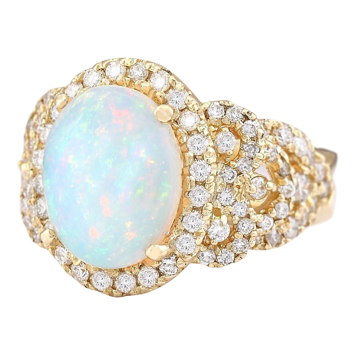 Stamped: 14K Yellow Gold
Total Ring Weight: 10.4 Grams
Opal Weight is 3.36 Carat (Measures: 14.00x10.00 mm)
Diamond Weight is 1.50 Carat
Color: F-G, Clarity: VS2-SI1
Face Measures: 17.35x14.50 mm
Sku: [703920W]