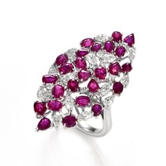 4.86 Carat Natural Ruby and Diamond Cluster Ring Made in 18K White Gold