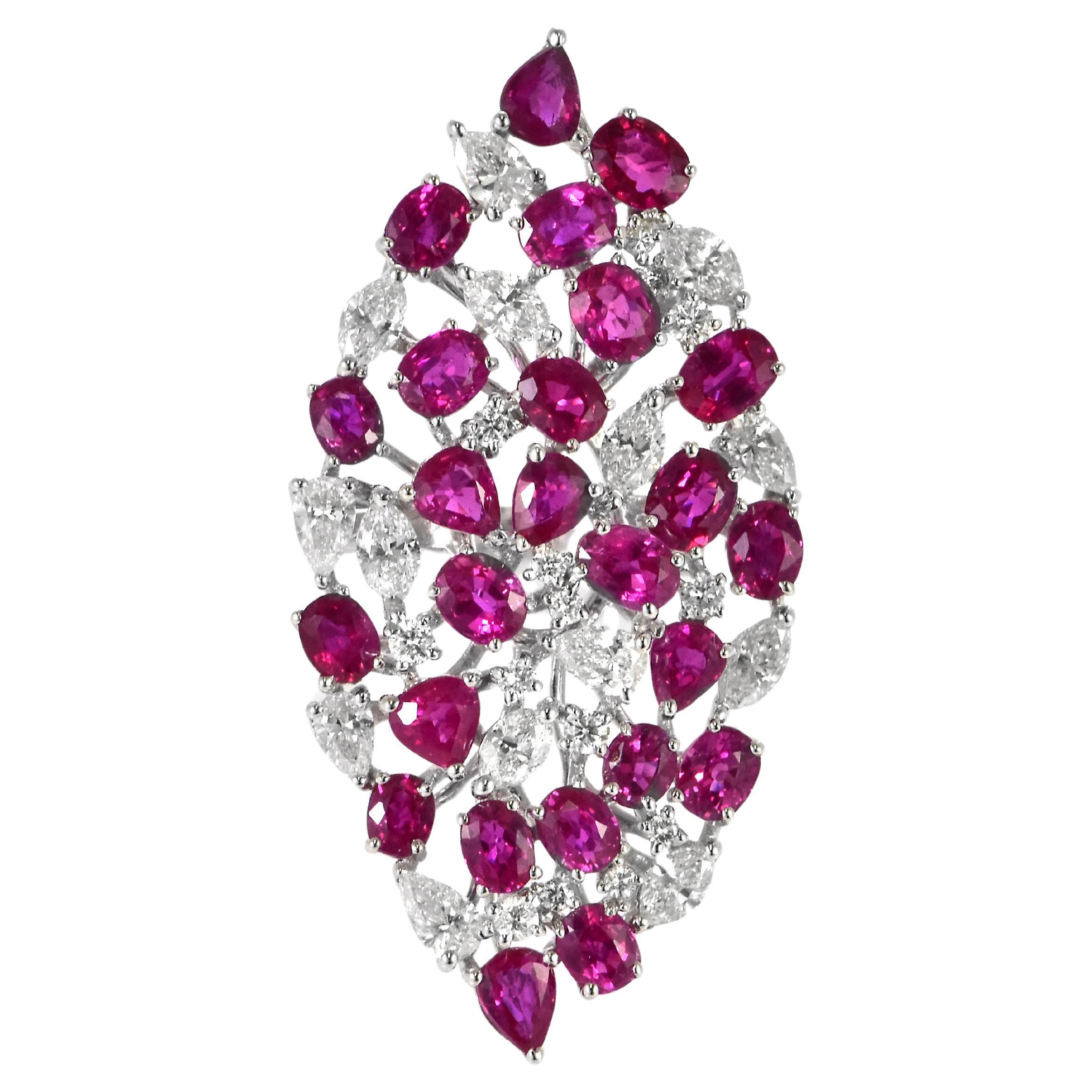 4.86 Carat Natural Ruby and Diamond Cluster Ring Made in 18K White Gold