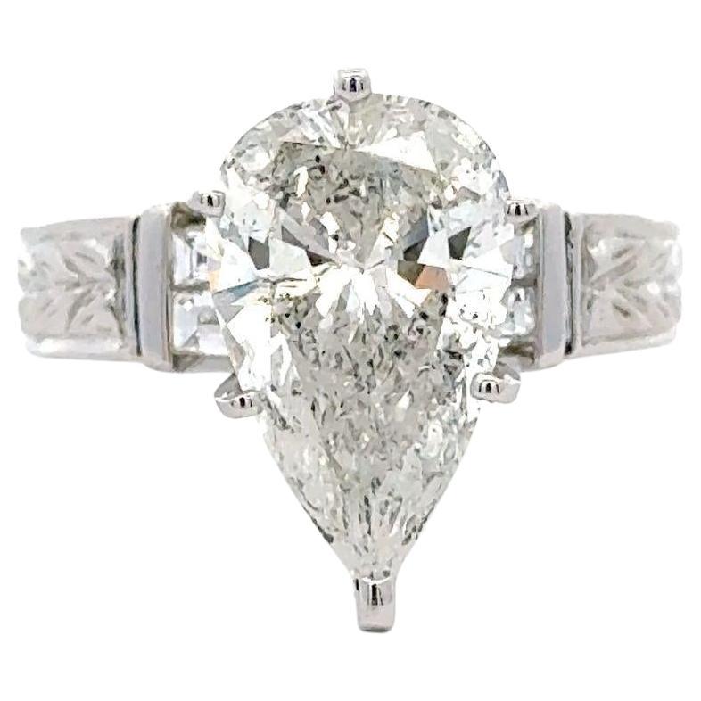 4.86 Carat Pear Cut Diamond 18K White Filigree Vintage Engagement Ring For Sale