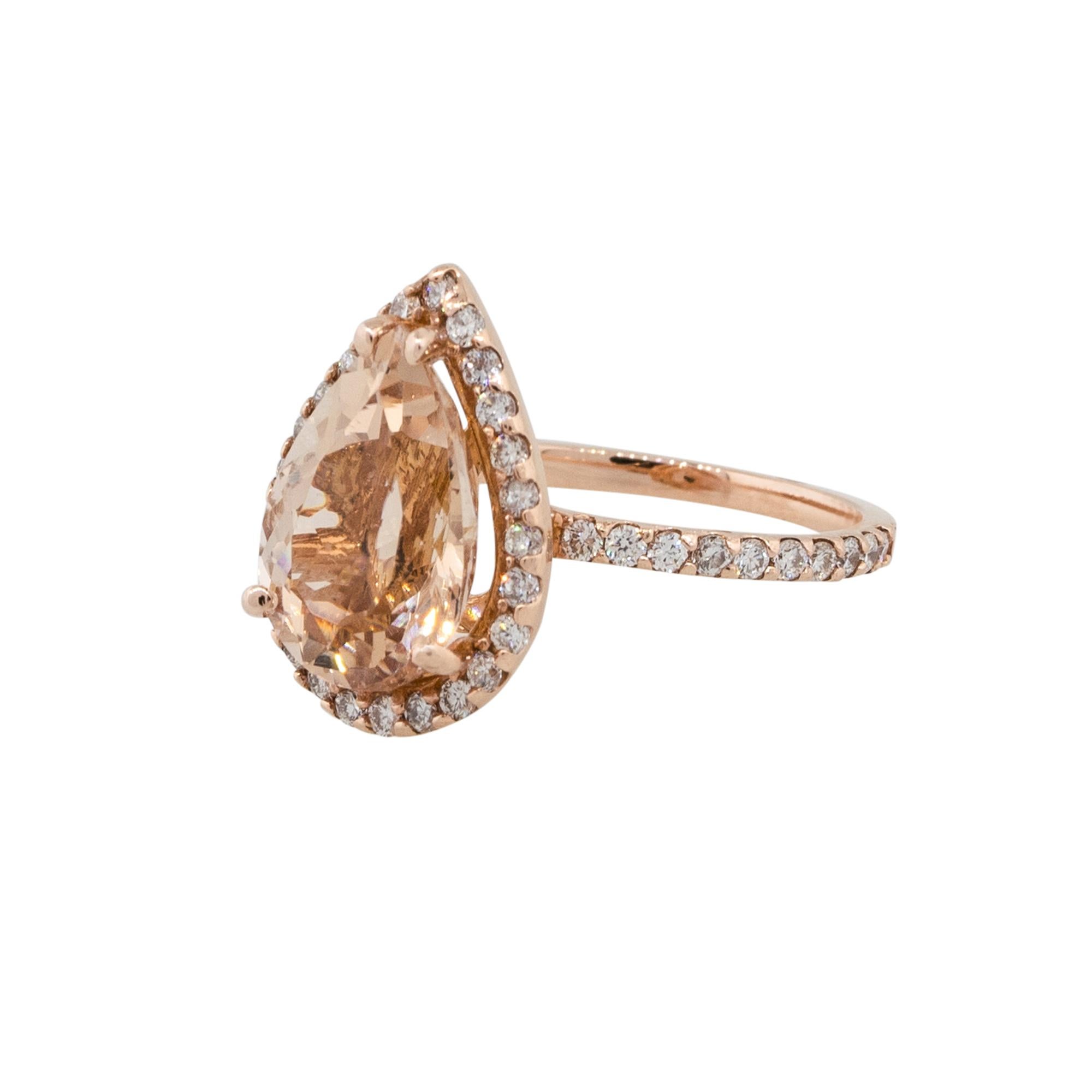 Material: 14k Rose Gold
Diamond Details: Approx. 0.80ctw of round cut Diamonds. Diamonds are H in color and VS in clarity
Gemstone Details: Approx. 4.86ctw pear shape Morganite gemstone
Size: 7
Total weight: 4.6g (2.9dwt)
Measurements: 0.75