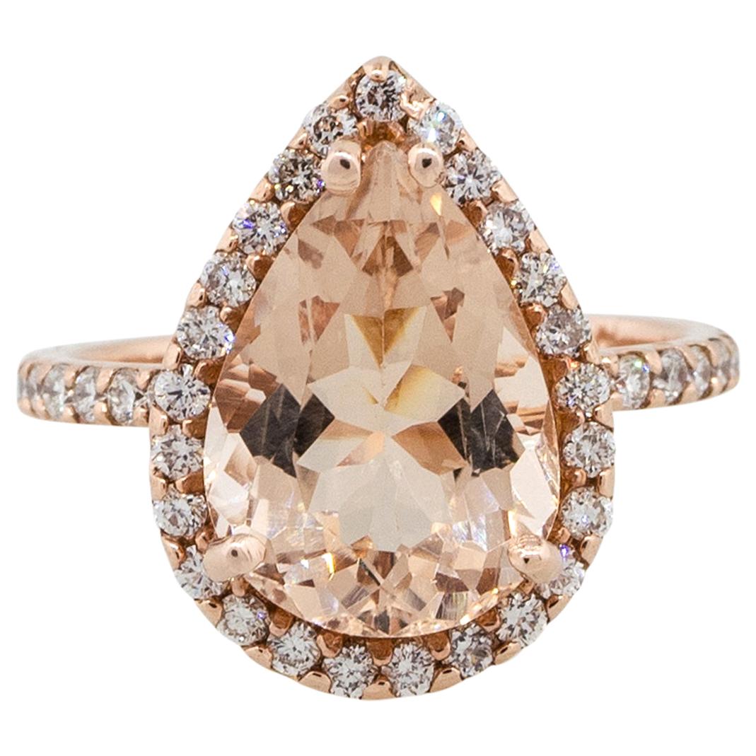4.86 Carat Pear Shape Morganite Diamond Halo Ring 14 Karat in Stock