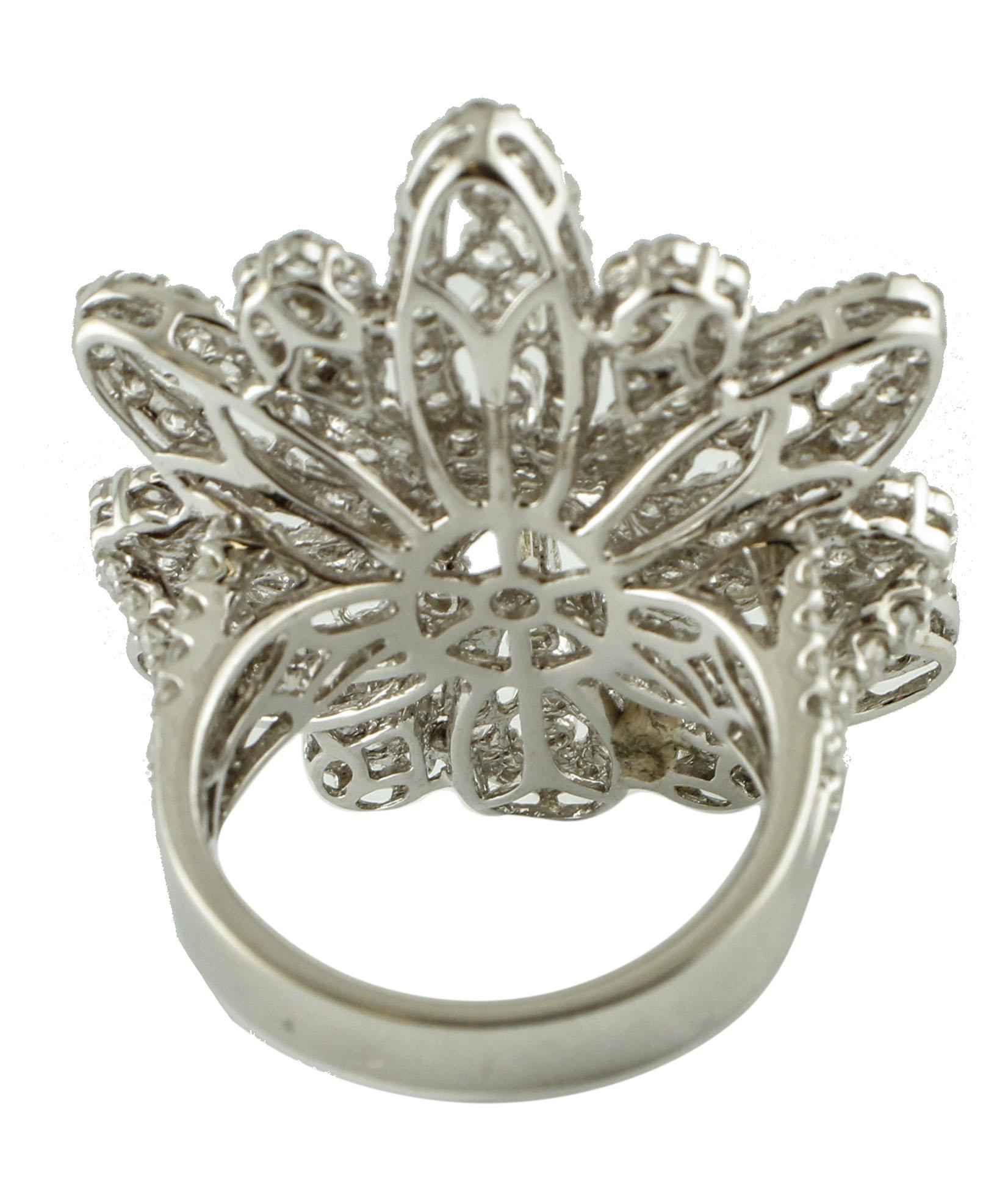 Modern 4.86 Carat Diamonds and Baguette Diamonds, 18 Karat White Gold Flower Ring For Sale