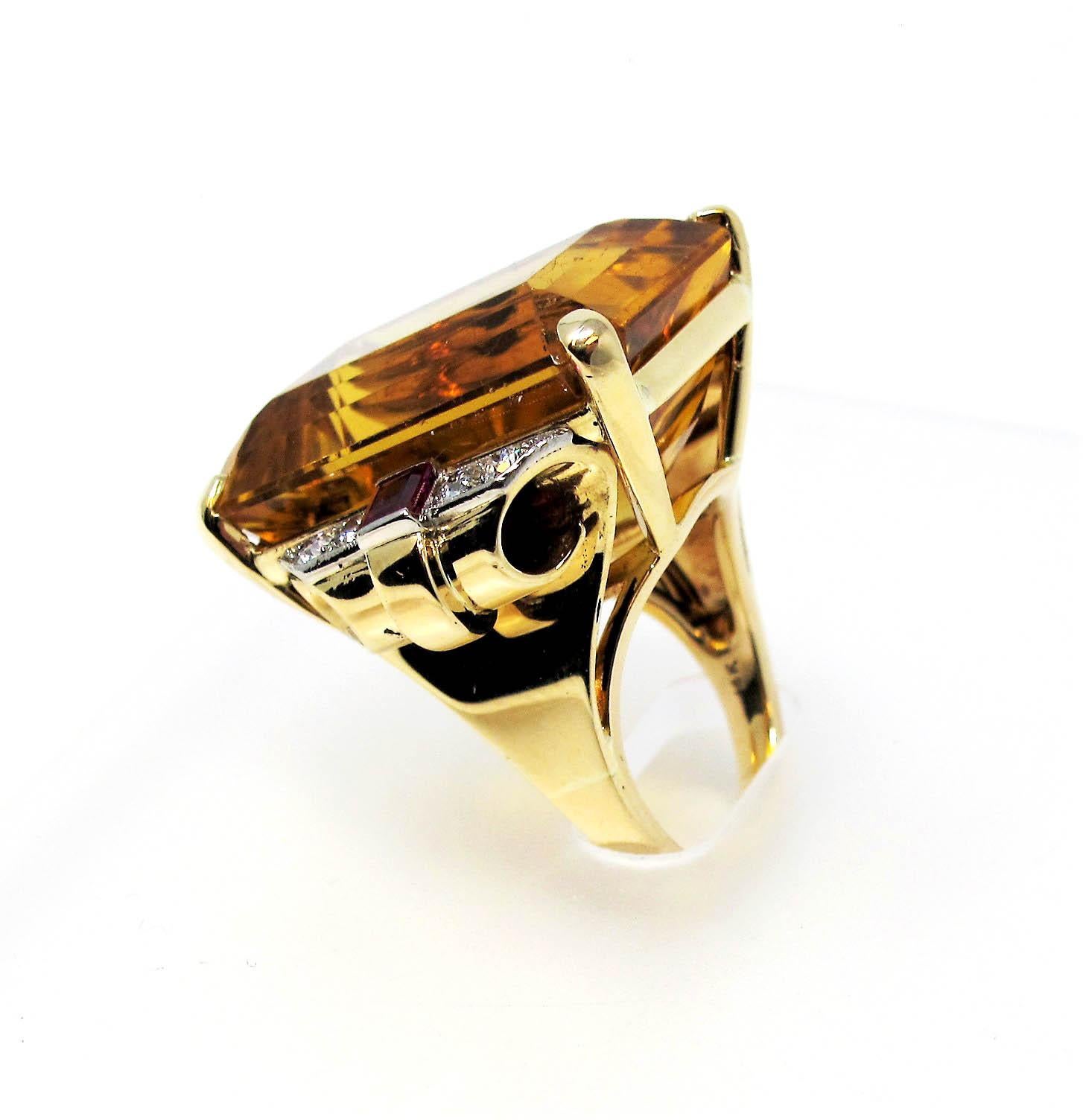 48.67 Carat Citrine, Diamond and Ruby Cocktail Ring in 14 Karat Yellow Gold 4