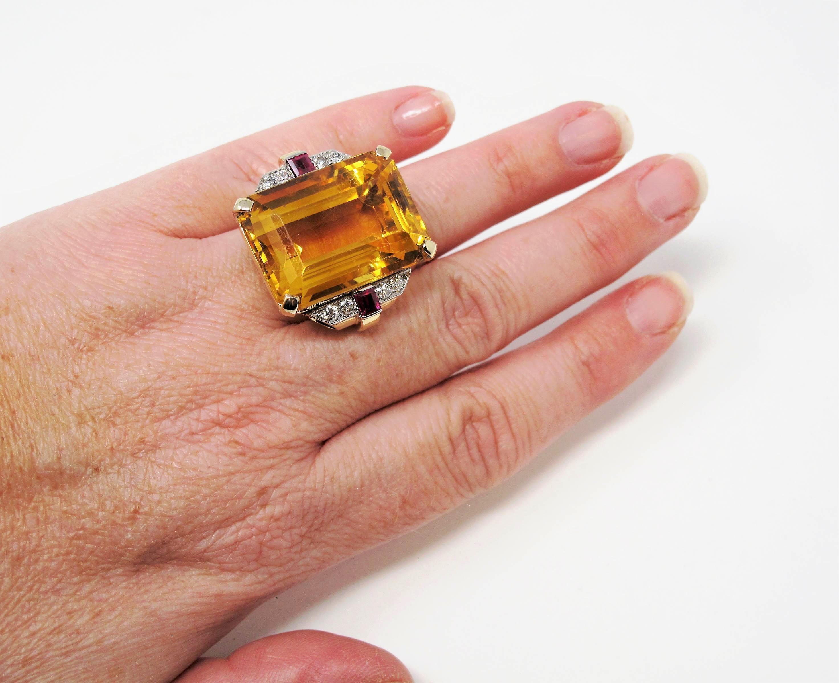 48.67 Carat Citrine, Diamond and Ruby Cocktail Ring in 14 Karat Yellow Gold 6