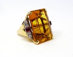 48.67 Carat Citrine, Diamond and Ruby Cocktail Ring in 14 Karat Yellow Gold