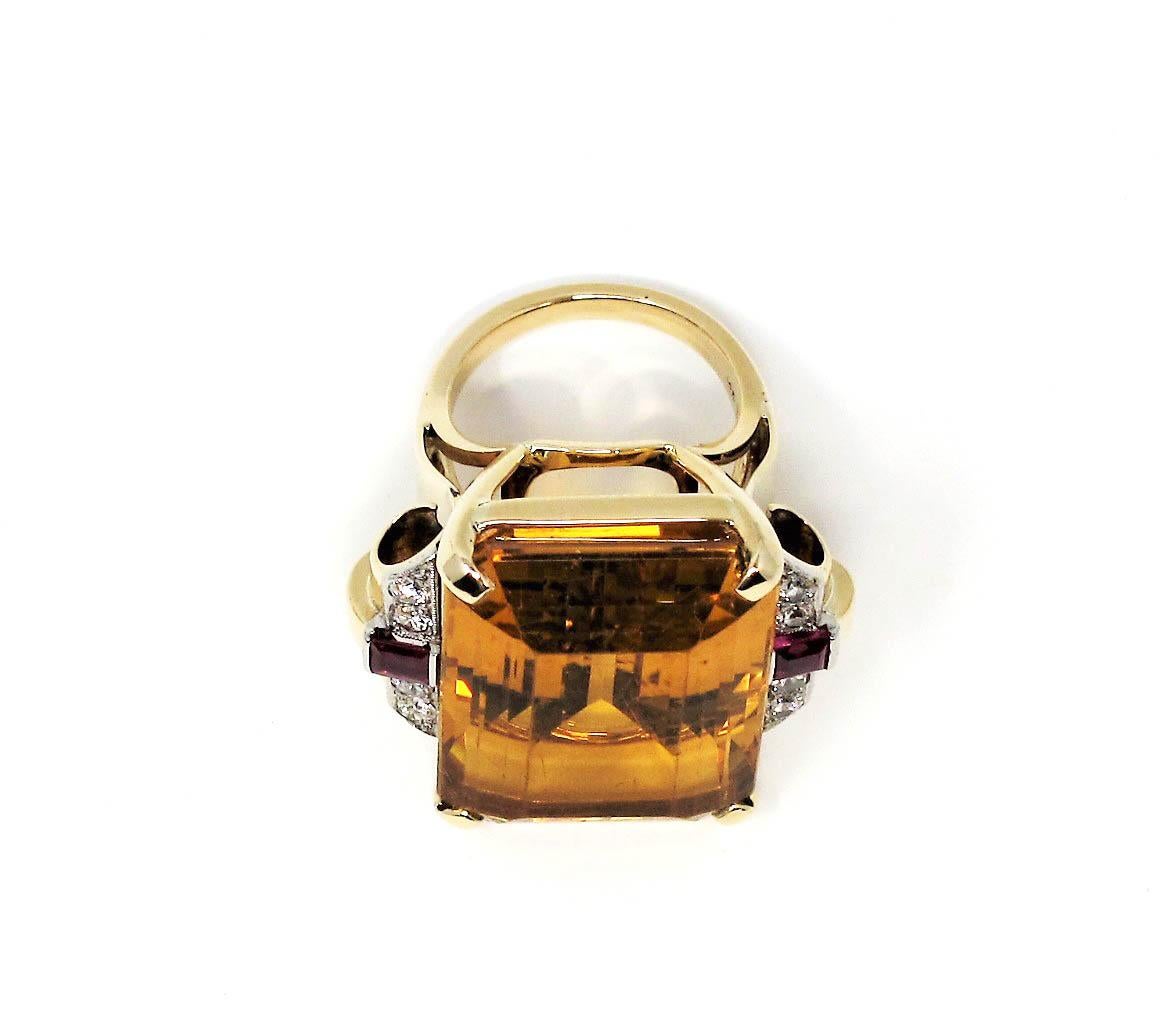 48.67 Carat Citrine, Diamond and Ruby Cocktail Ring in 14 Karat Yellow Gold In Fair Condition In Scottsdale, AZ