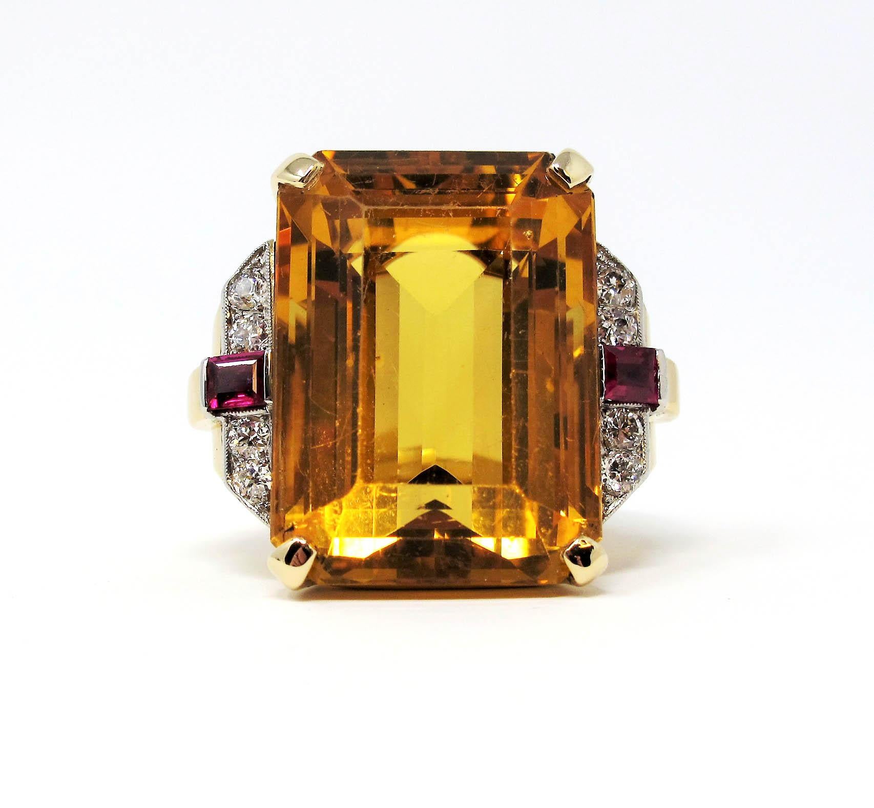 48.67 Carat Citrine, Diamond and Ruby Cocktail Ring in 14 Karat Yellow Gold 1