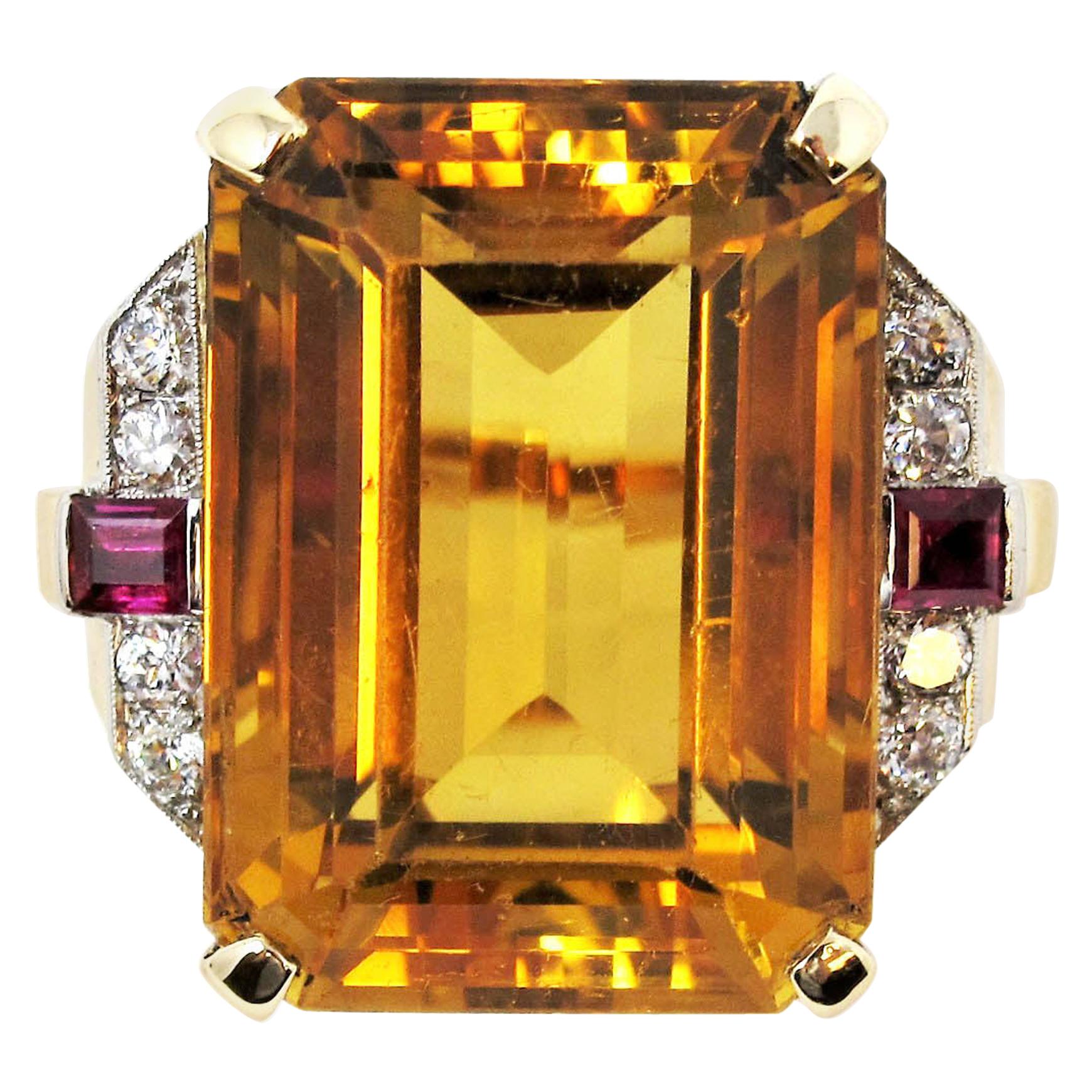 48.67 Carat Citrine, Diamond and Ruby Cocktail Ring in 14 Karat Yellow Gold