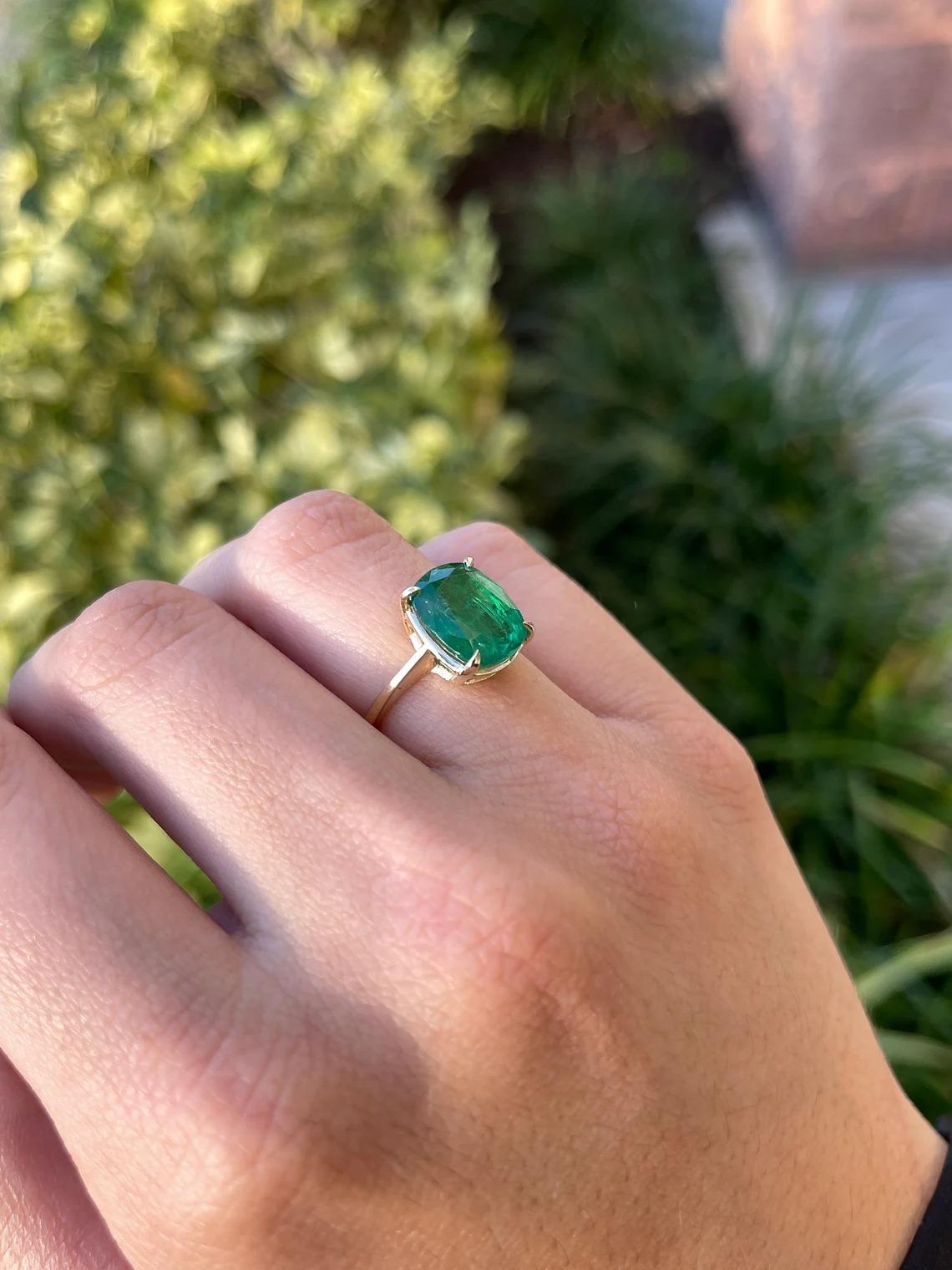 4.86ct 14K Solitaire Dark Green Cushion Cut Emerald Four Prong Engagement Ring In New Condition For Sale In Jupiter, FL