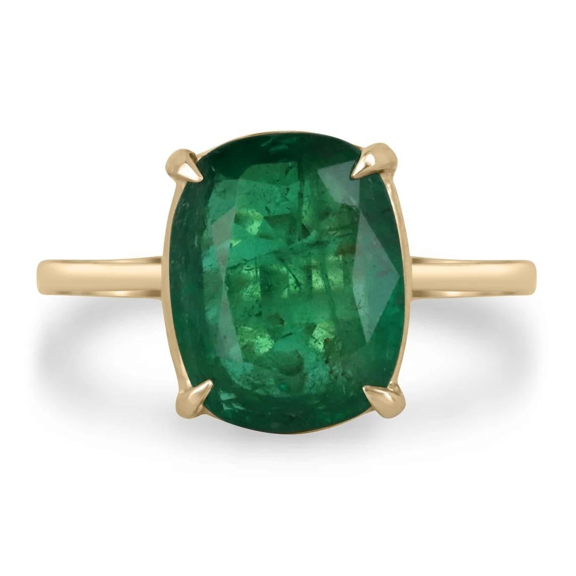 4.86ct 14K Solitaire Dark Green Cushion Cut Emerald Four Prong Engagement Ring For Sale