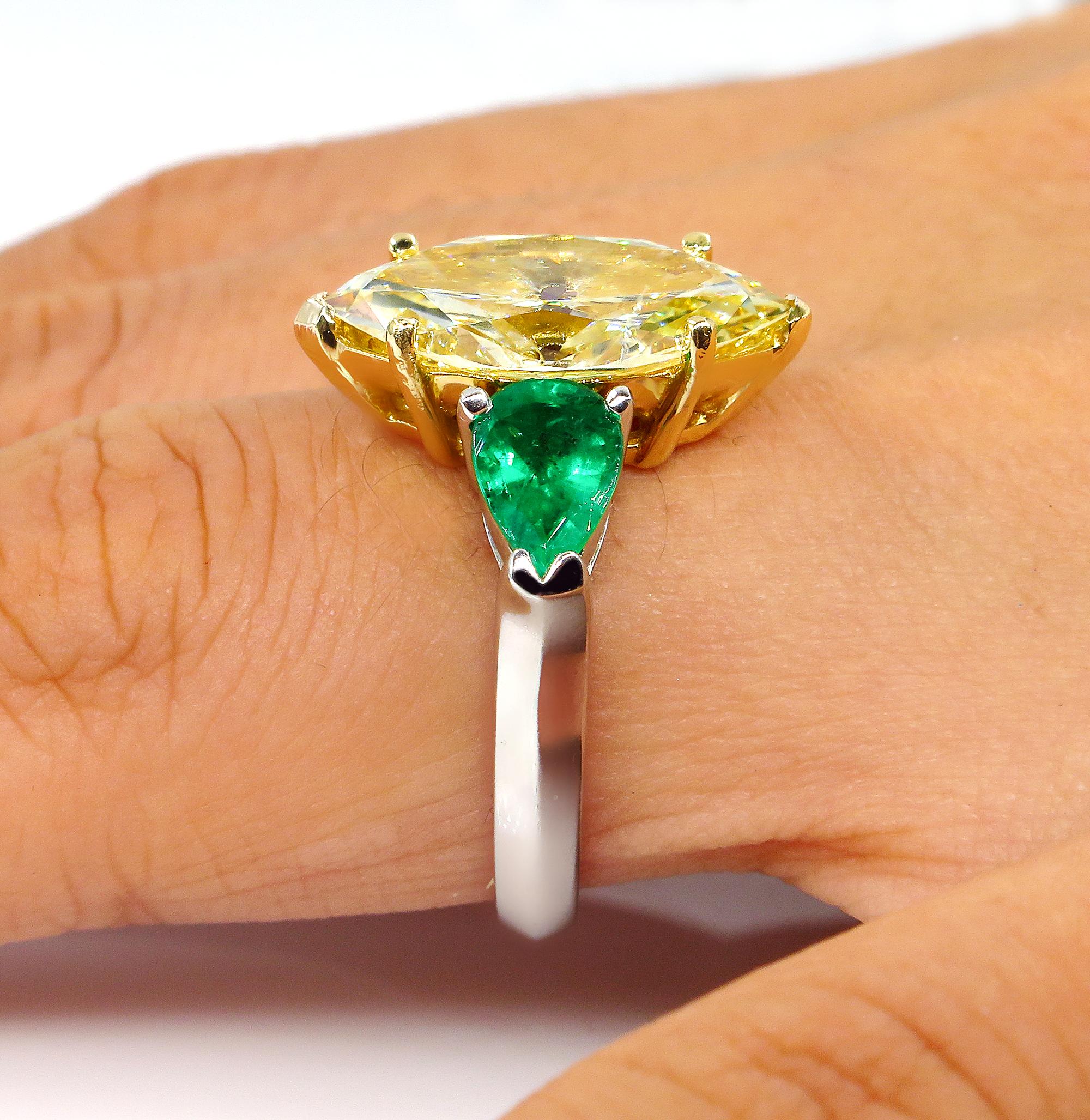 4.86ct Natural Fancy Yellow Marquise Diamond and Green Emerald Plat/YG Ring EGL 3