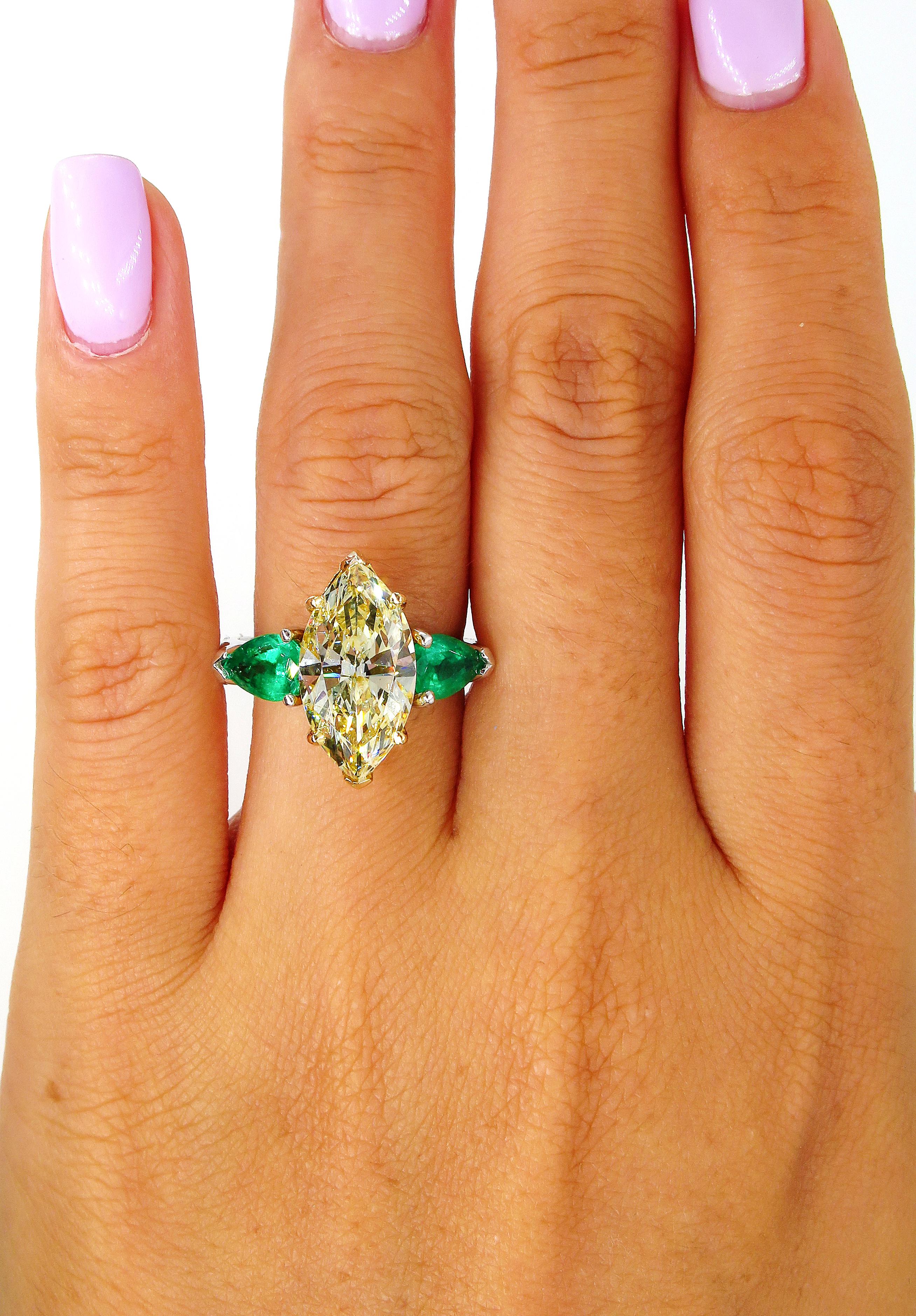 4.86ct Natural Fancy Yellow Marquise Diamond and Green Emerald Plat/YG Ring EGL 4
