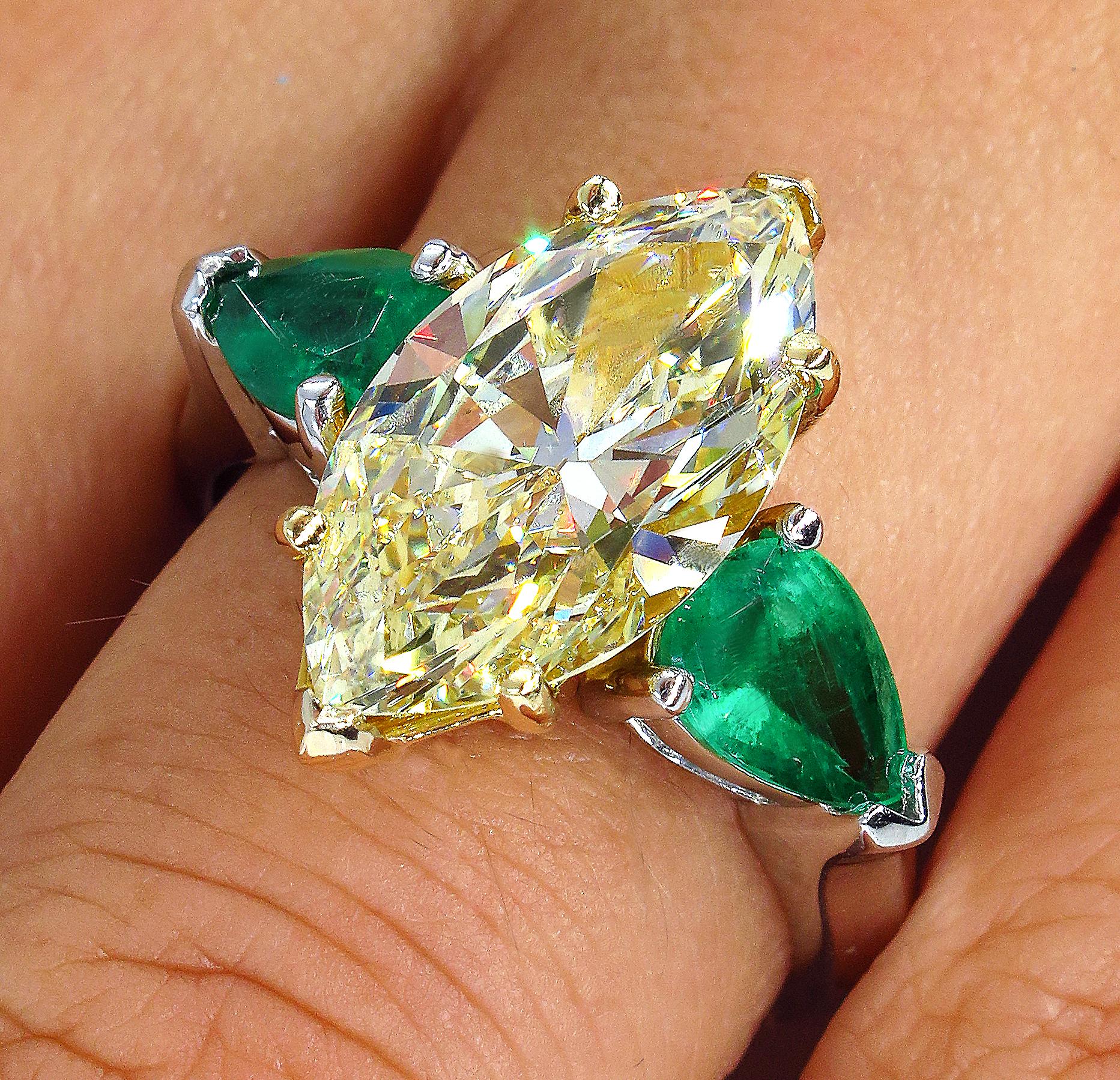 4.86ct Natural Fancy Yellow Marquise Diamond and Green Emerald Plat/YG Ring EGL 5