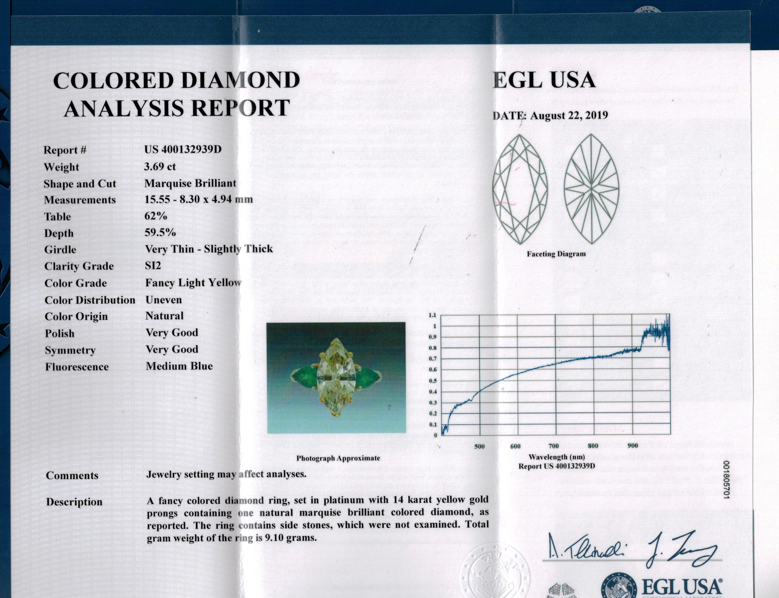 4.86ct Natural Fancy Yellow Marquise Diamond and Green Emerald Plat/YG Ring EGL 6