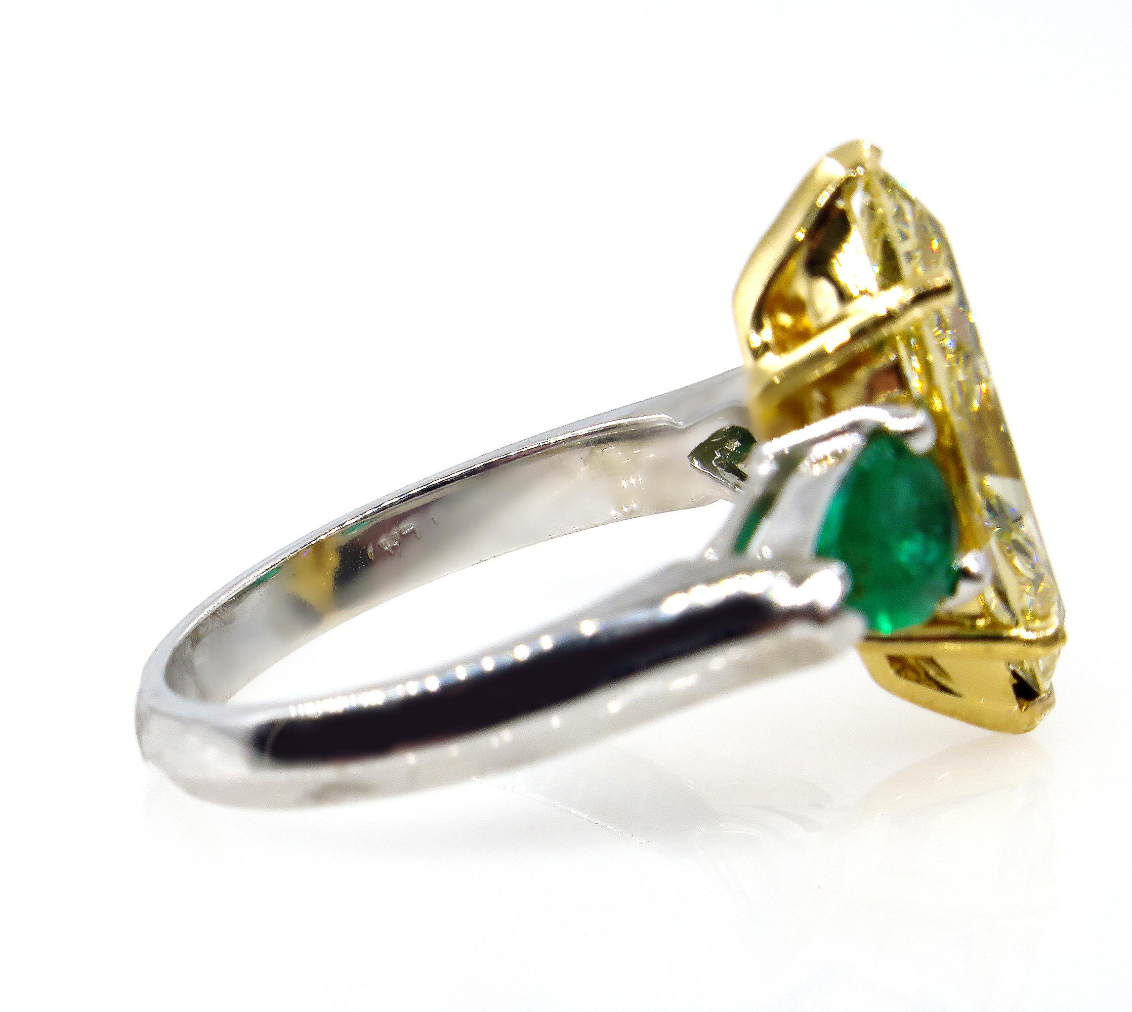 Marquise Cut 4.86ct Natural Fancy Yellow Marquise Diamond and Green Emerald Plat/YG Ring EGL