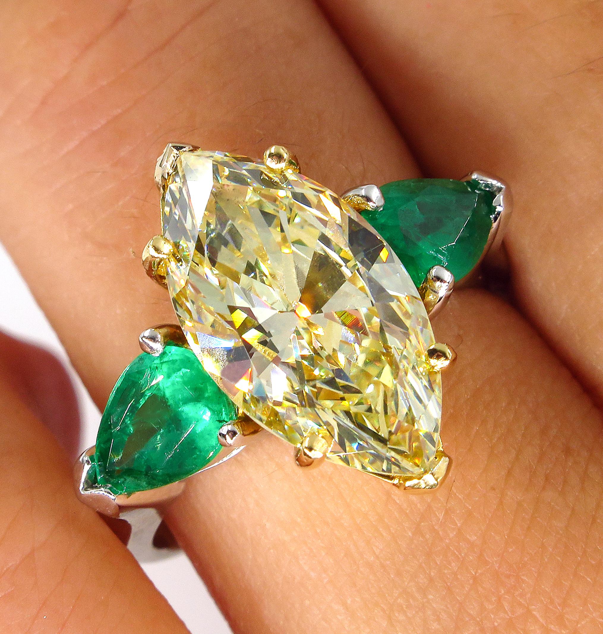 Women's 4.86ct Natural Fancy Yellow Marquise Diamond and Green Emerald Plat/YG Ring EGL