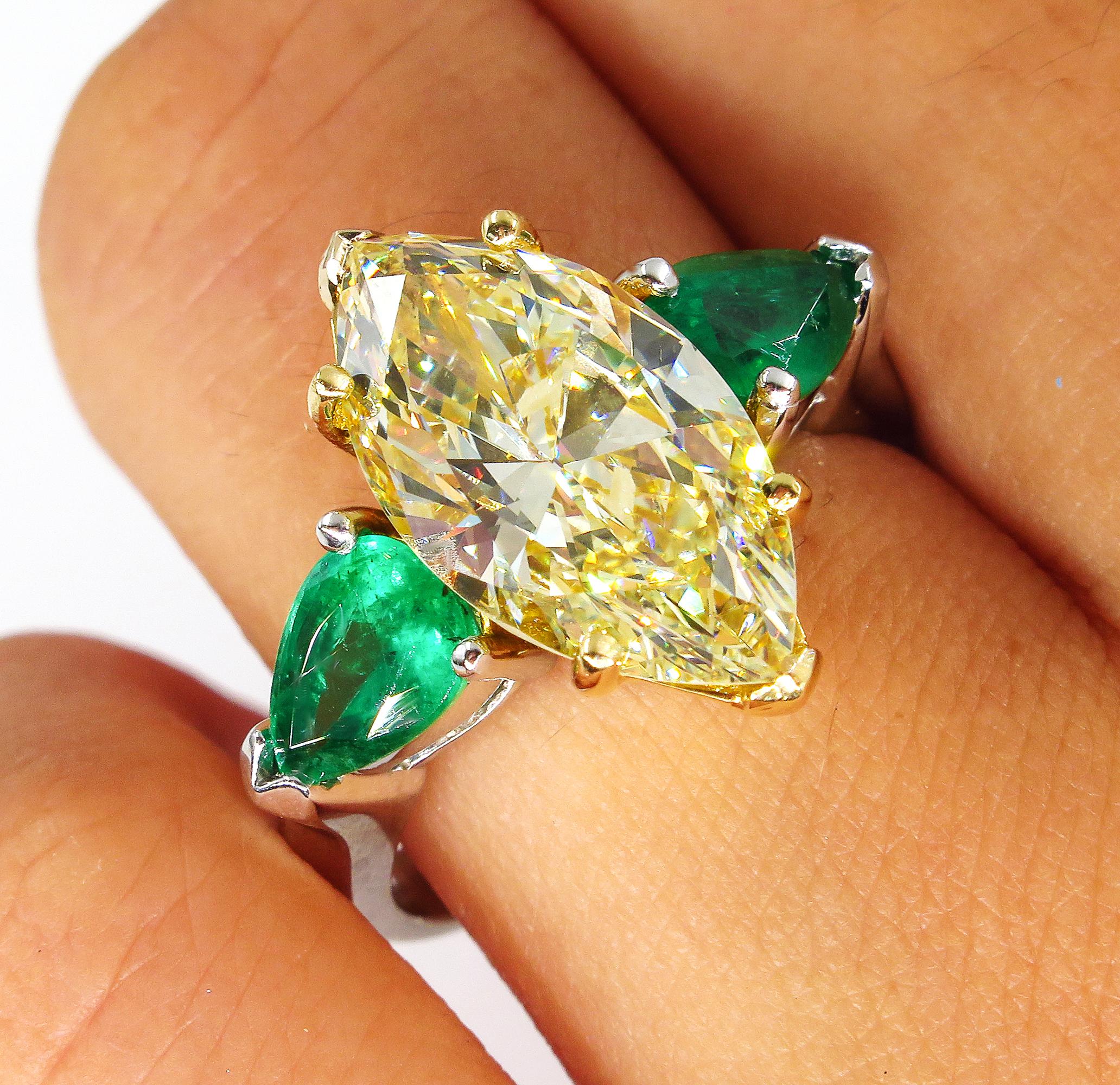 4.86ct Natural Fancy Yellow Marquise Diamond and Green Emerald Plat/YG Ring EGL 1
