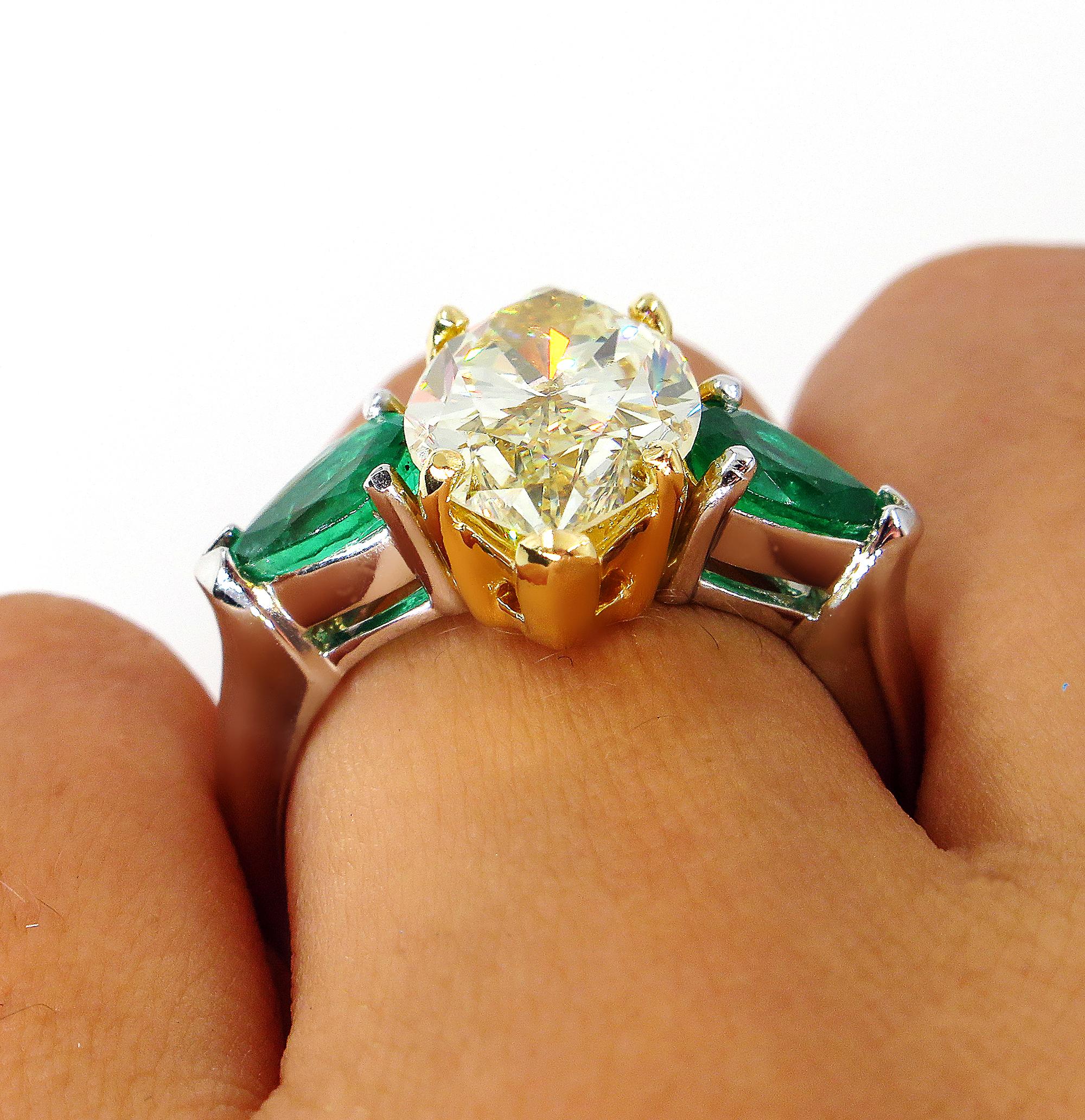 4.86ct Natural Fancy Yellow Marquise Diamond and Green Emerald Plat/YG Ring EGL 2